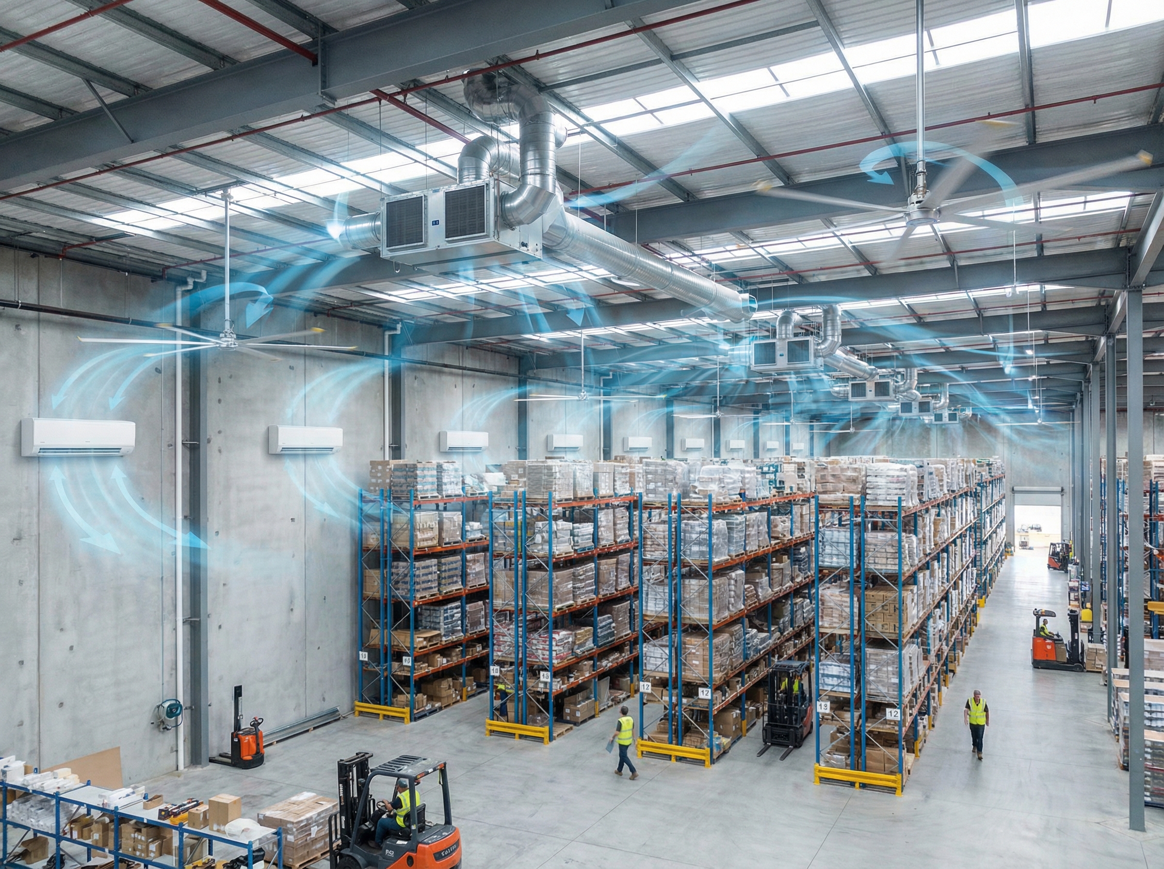 A large warehouse interior showcasing various HVAC systems featuring warehouse HVAC systems and airflow management