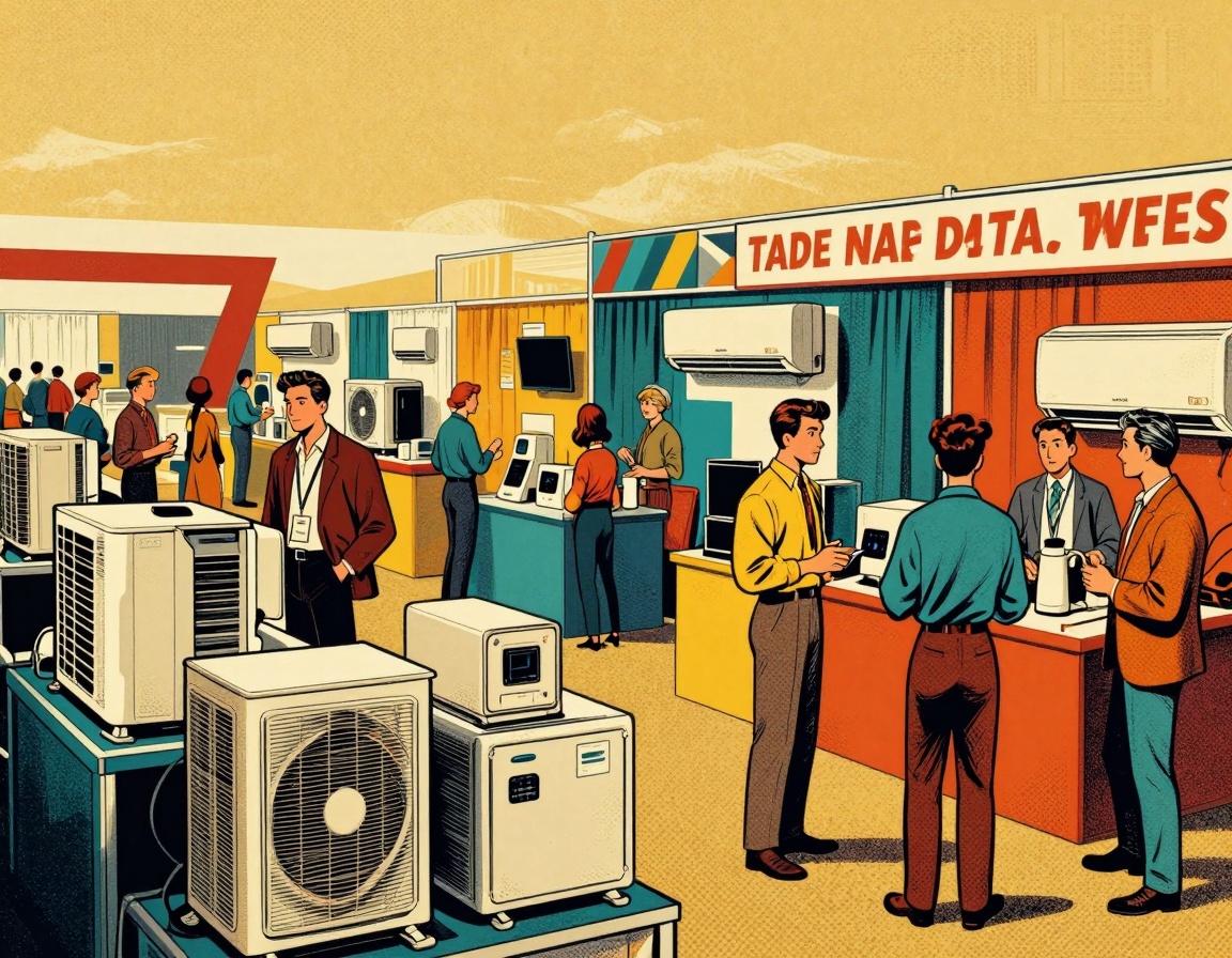 A vibrant trade show scene featuring a diverse group of exhibitors showcasing innovative HVAC technology