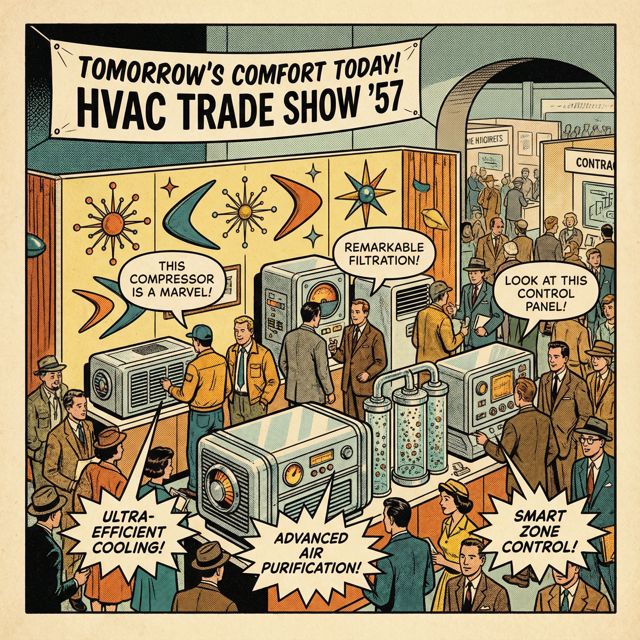 A visually engaging representation of a bustling HVAC trade show booth, featuring contractors and professionals interacting w