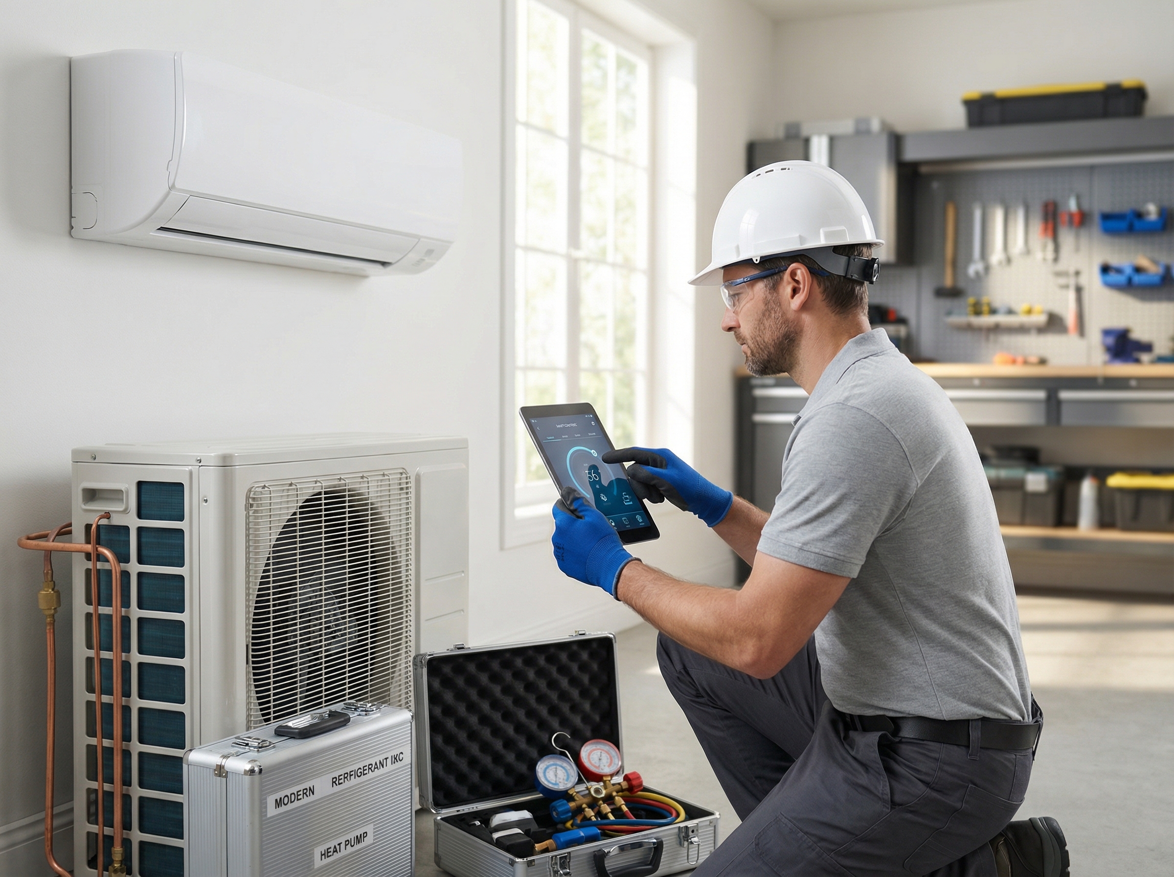 An HVAC technician performing maintenance on a modern, variable-speed heat pump system