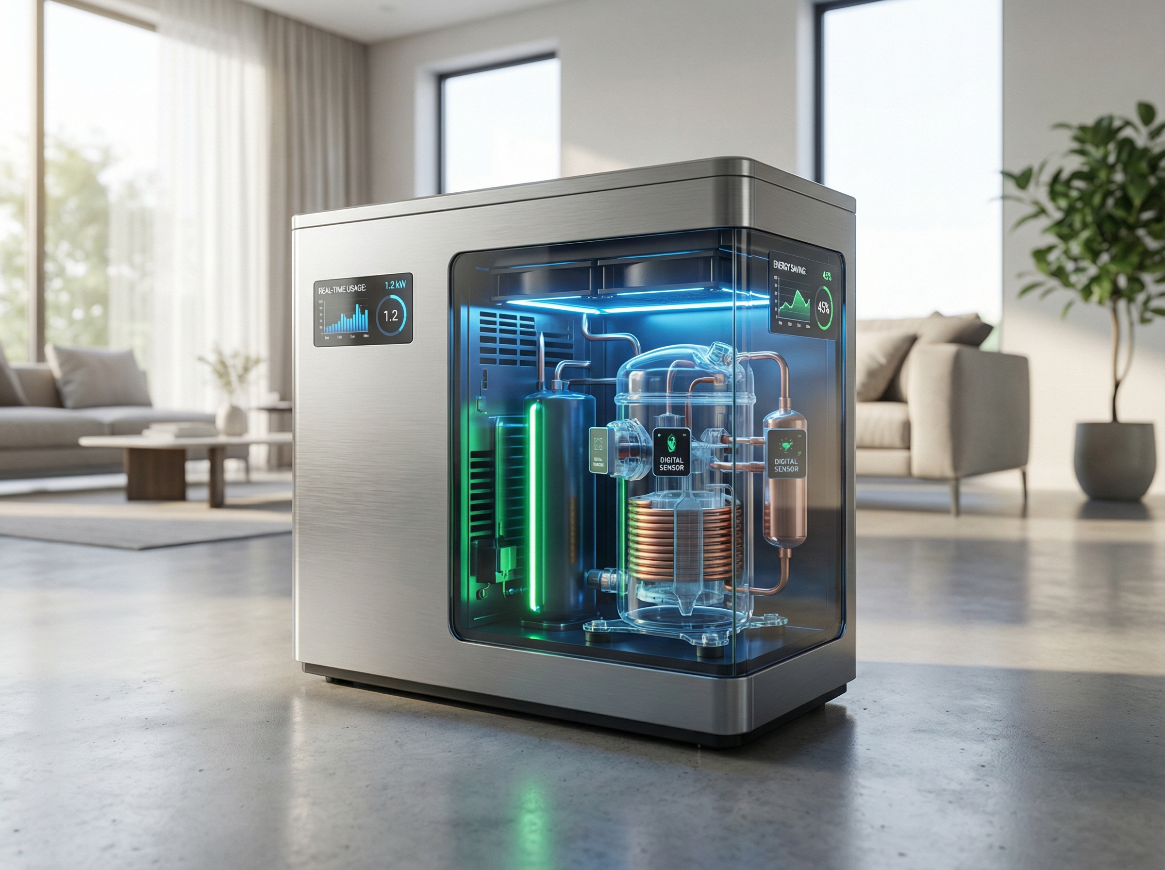 A close-up view of a modern HVAC unit showcasing its advanced variable-speed compressor technology