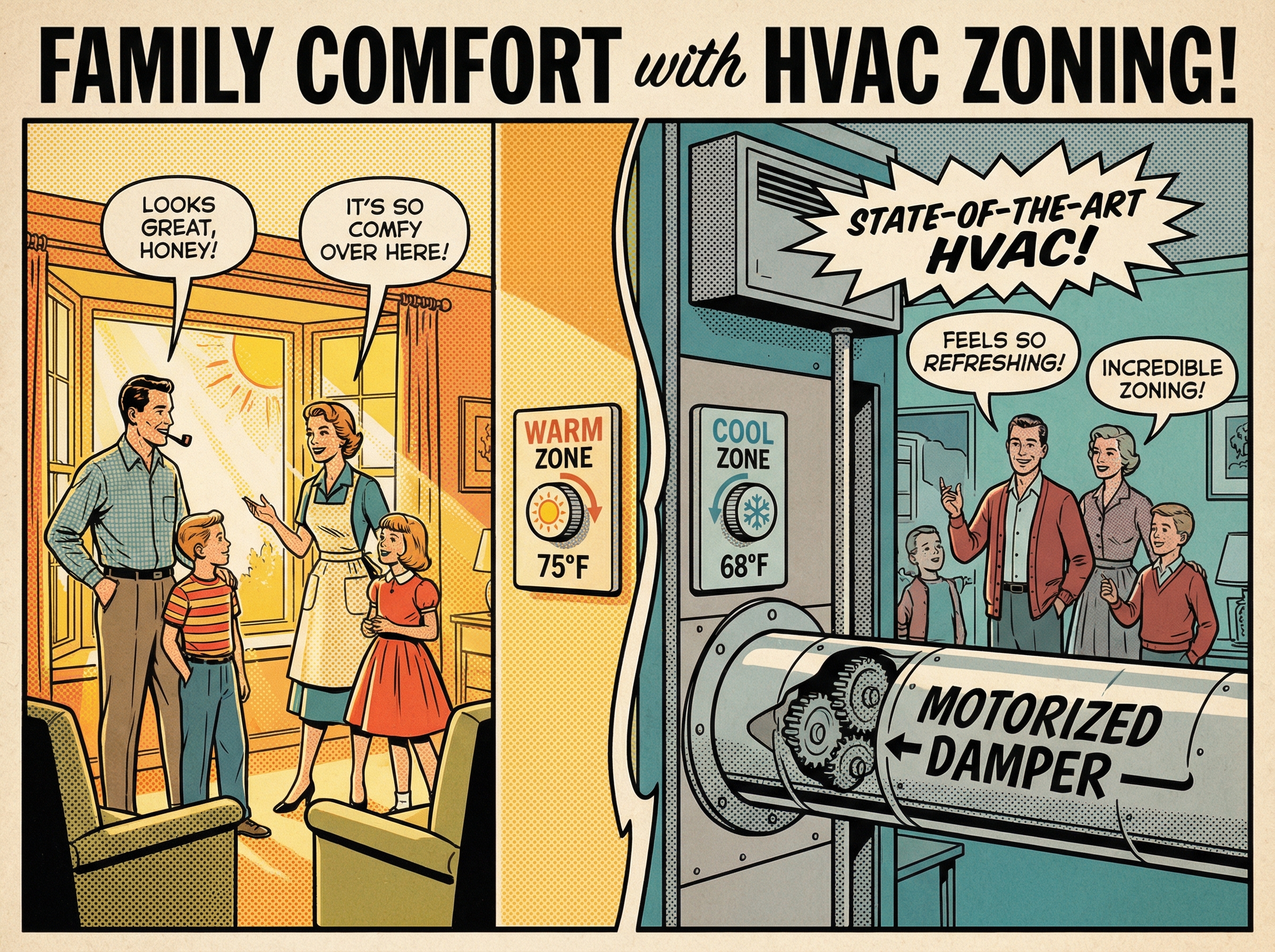 A cozy living room featuring a family interacting with a state-of-the-art HVAC zoning system