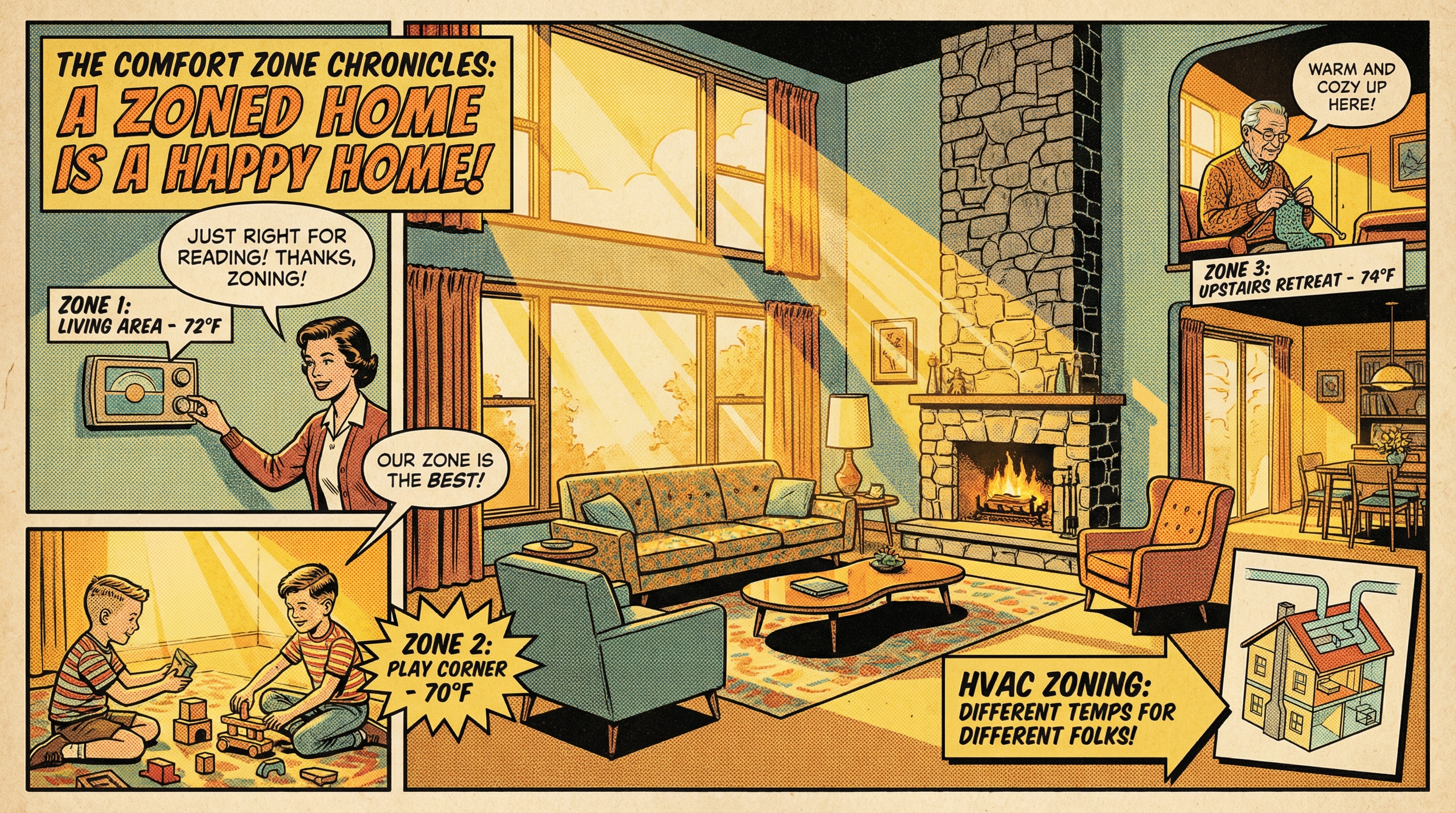 A cozy living room scene showcasing an HVAC zoning system in action, featuring a family interacting comfortably in different 