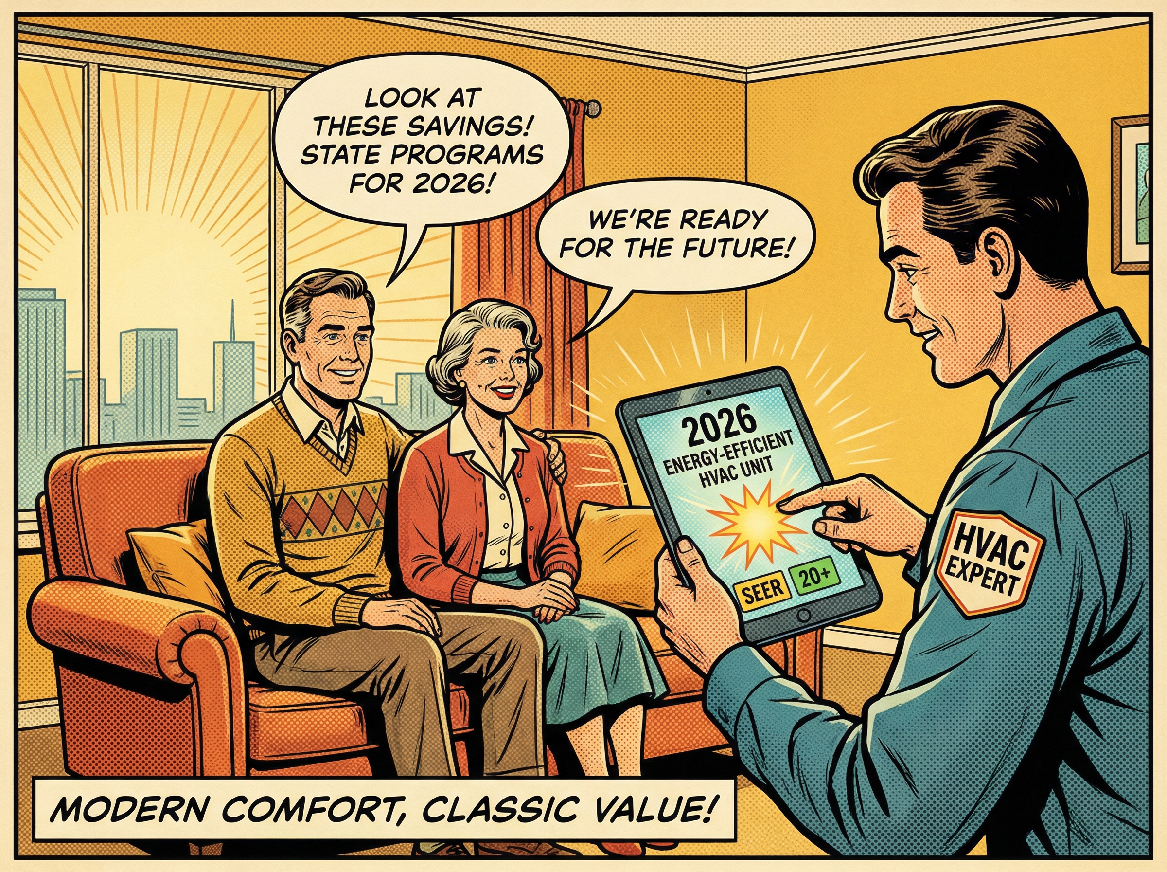 A friendly middle-aged couple engaged in a conversation with a knowledgeable HVAC technician in their warmly lit living room