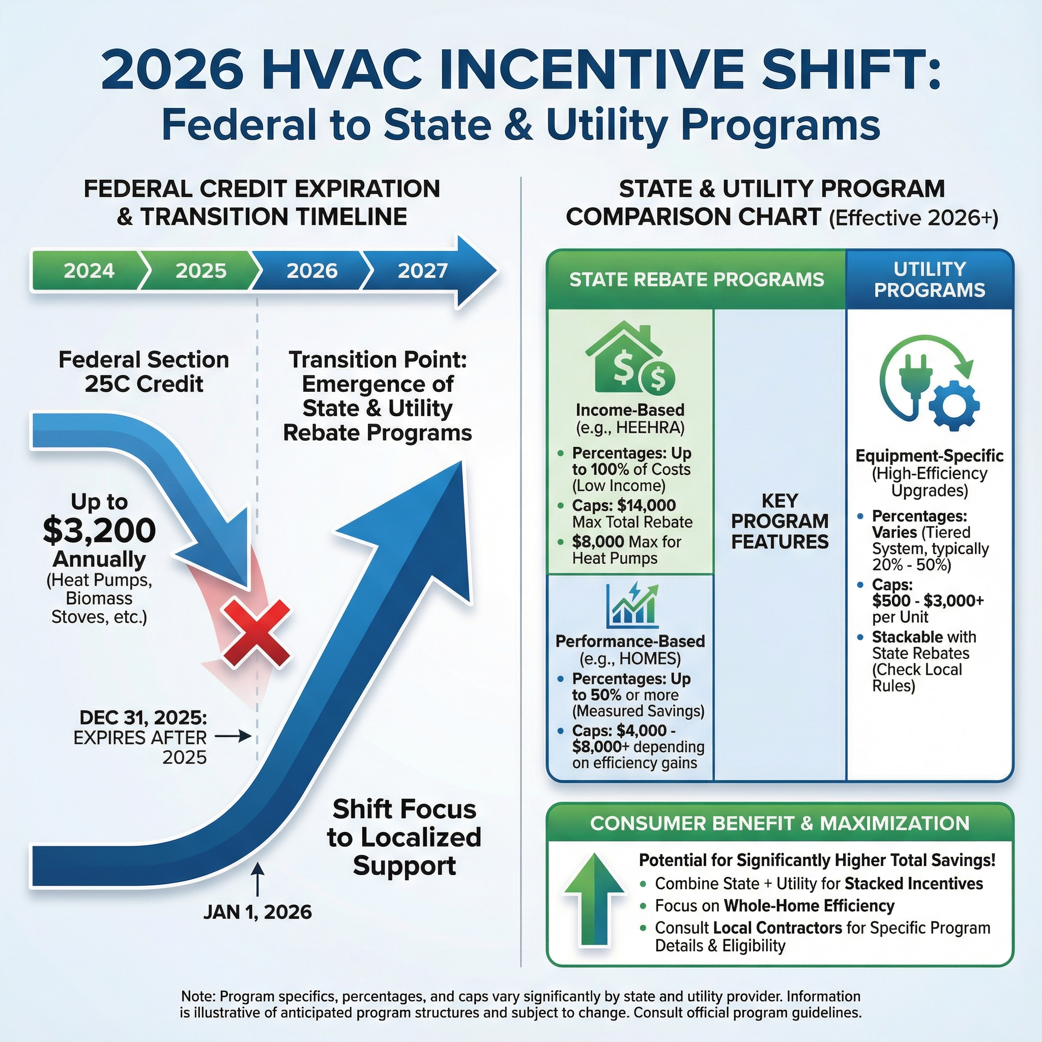 An infographic illustrating the shift of HVAC incentives from federal to state and utility programs in 2026