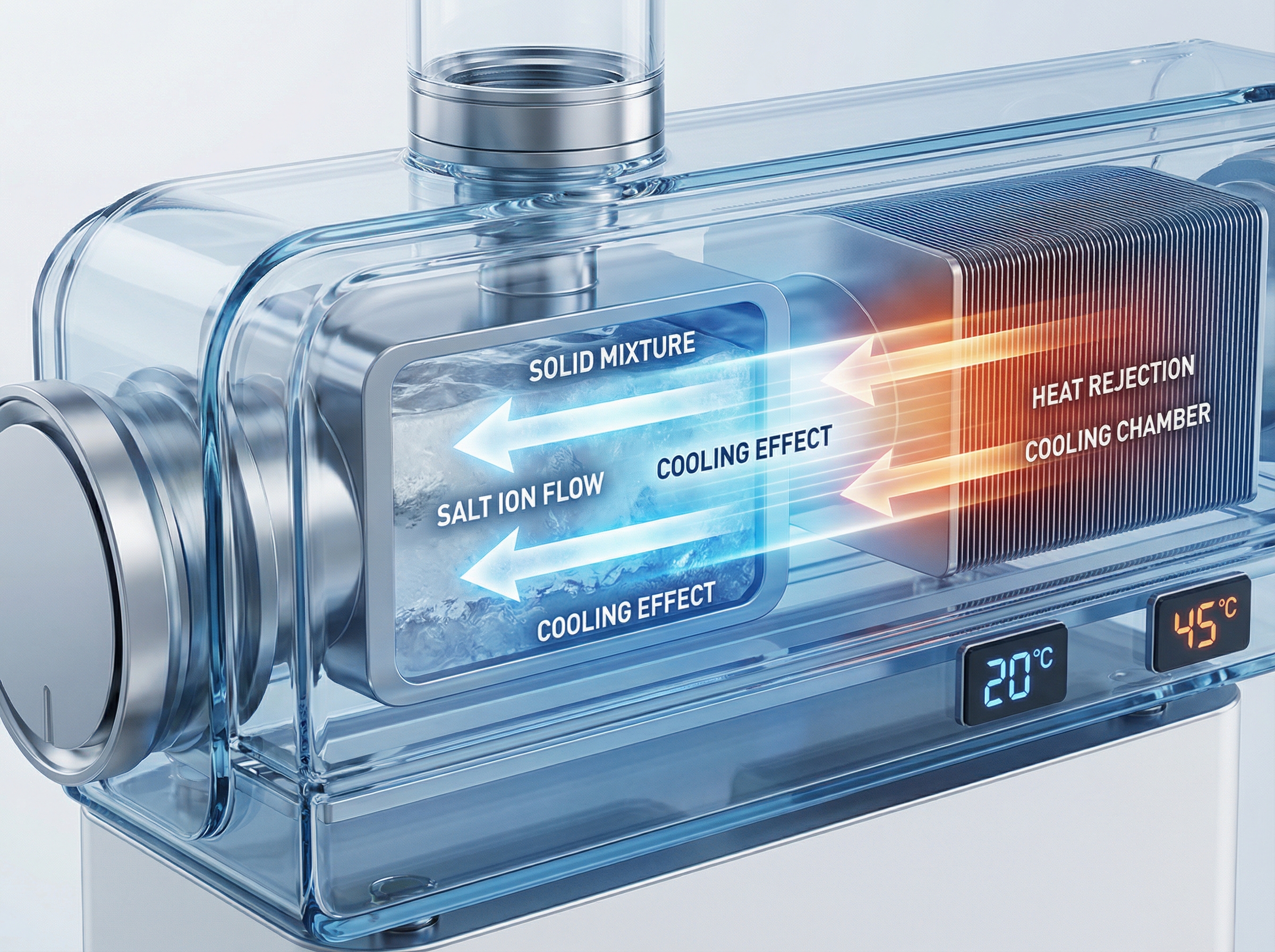A close-up view of an ionocaloric cooling system, showcasing the components involved in the heat exchange process