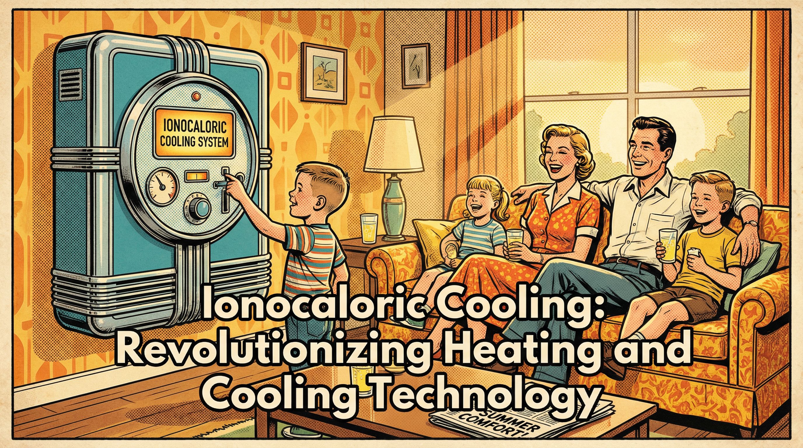 A family gathered in a cozy living room equipped with an ionocaloric cooling system, featuring a vintage-style air conditioni