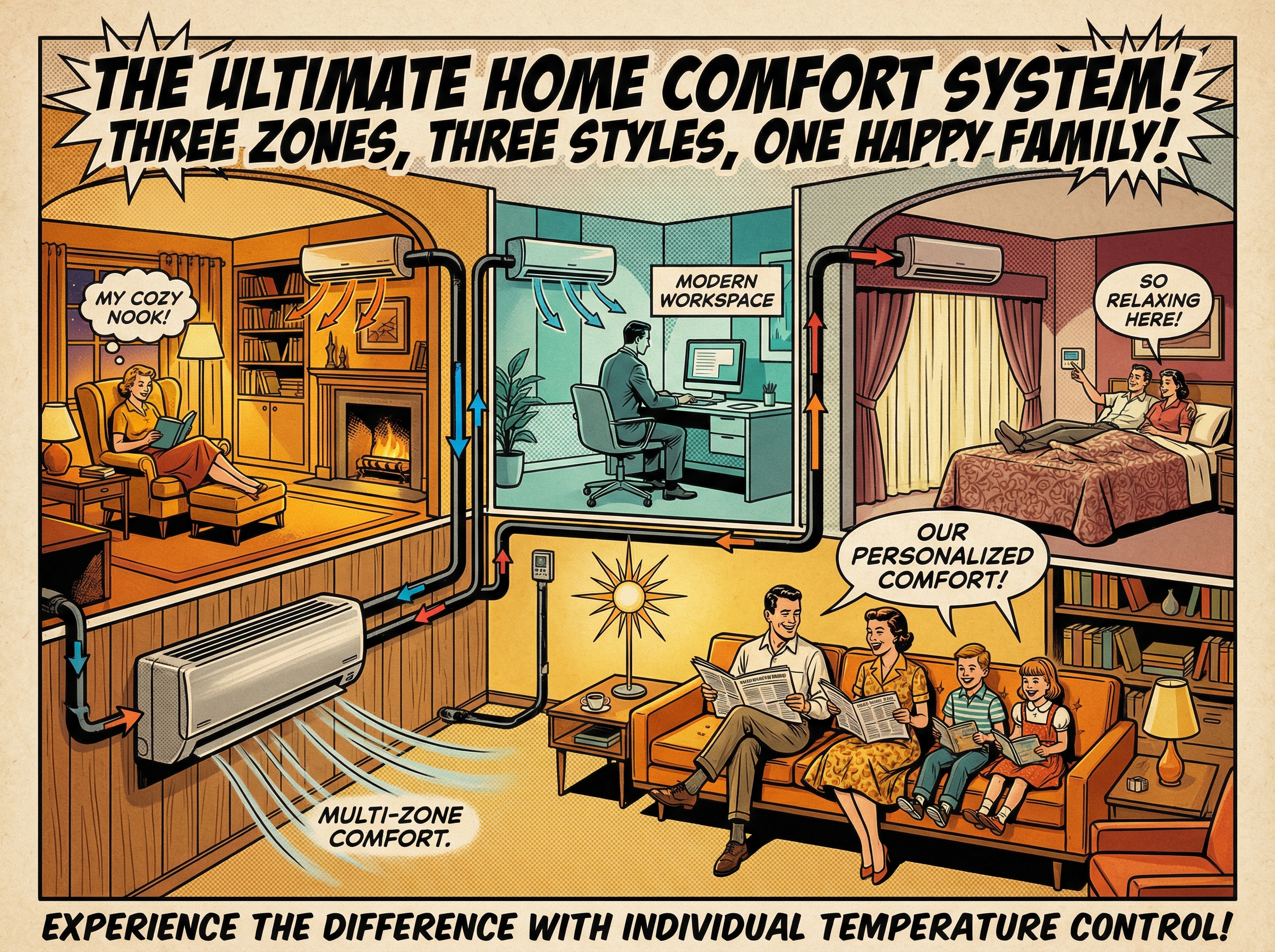 A modern living room featuring a 3-room mini split system, showcasing three distinct temperature zones