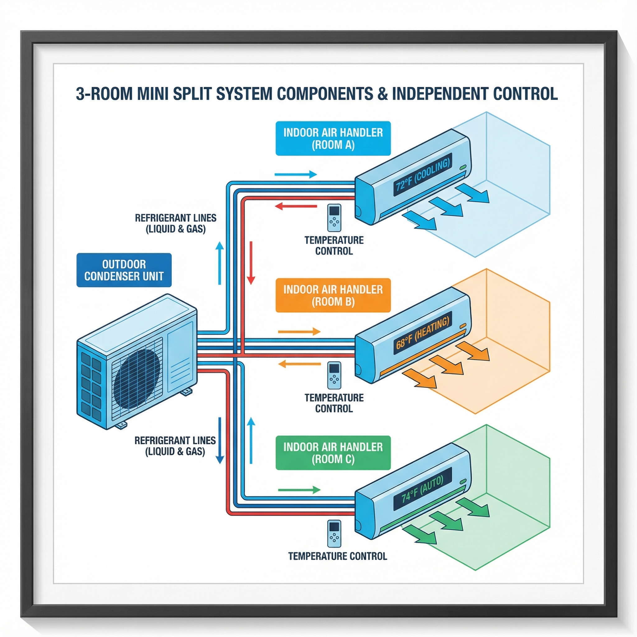 An informative diagram illustrating the components of a 3-room mini split system