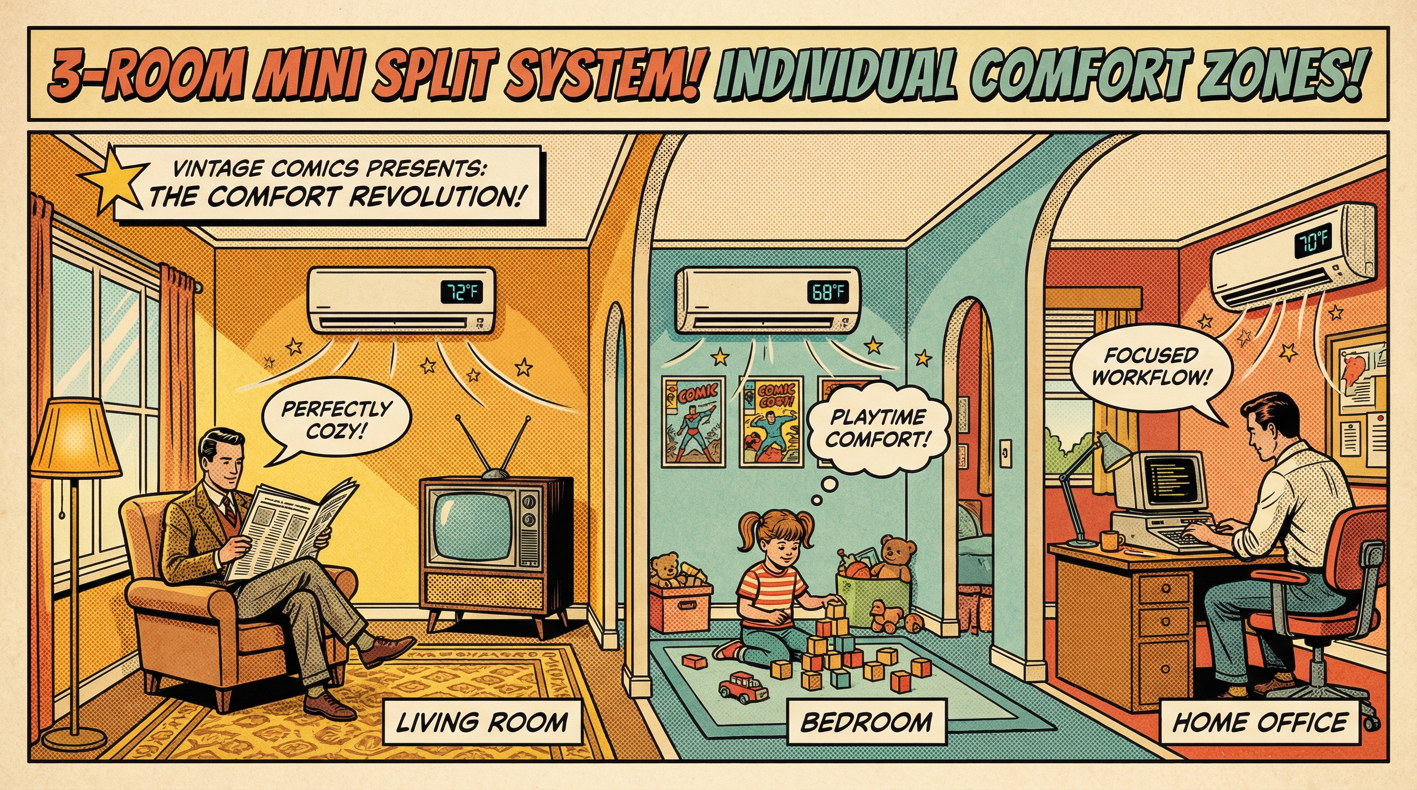 A cozy living space featuring three distinct zones, each equipped with indoor units of a 3-room mini split system