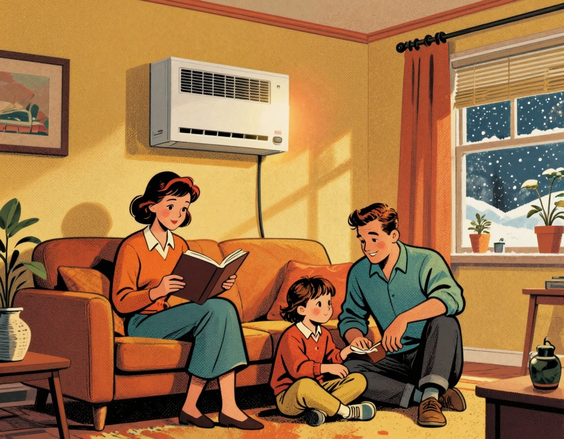 A family sitting comfortably in their living room, enjoying the warmth of a ductless mini-split heat pump mounted high on the