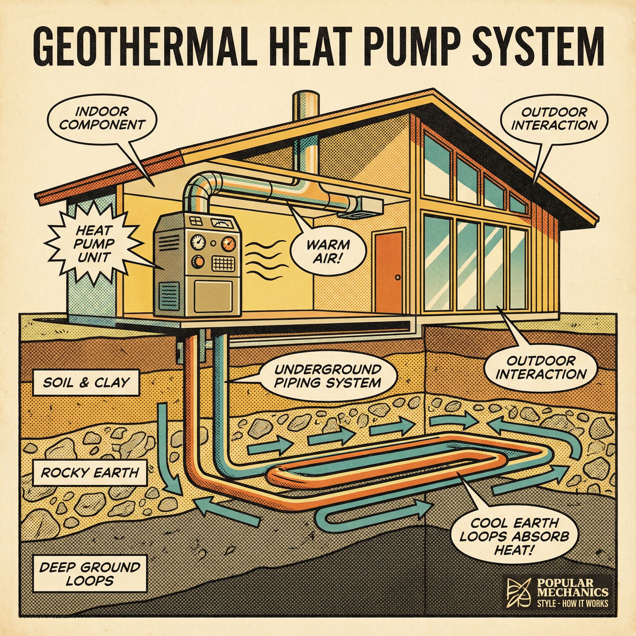 A cross-section view of a geothermal heat pump system installed in a typical residential home