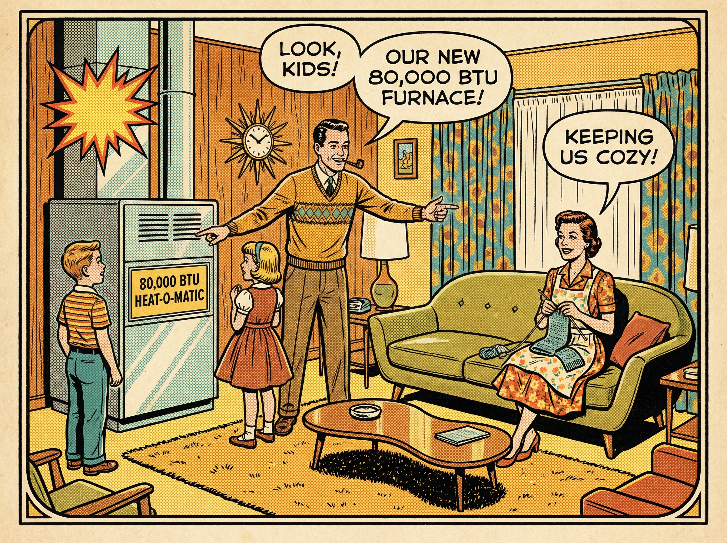 A vintage 1950s-inspired illustration of a family gathered in their living room, showcasing an 80,000 BTU furnace installed i