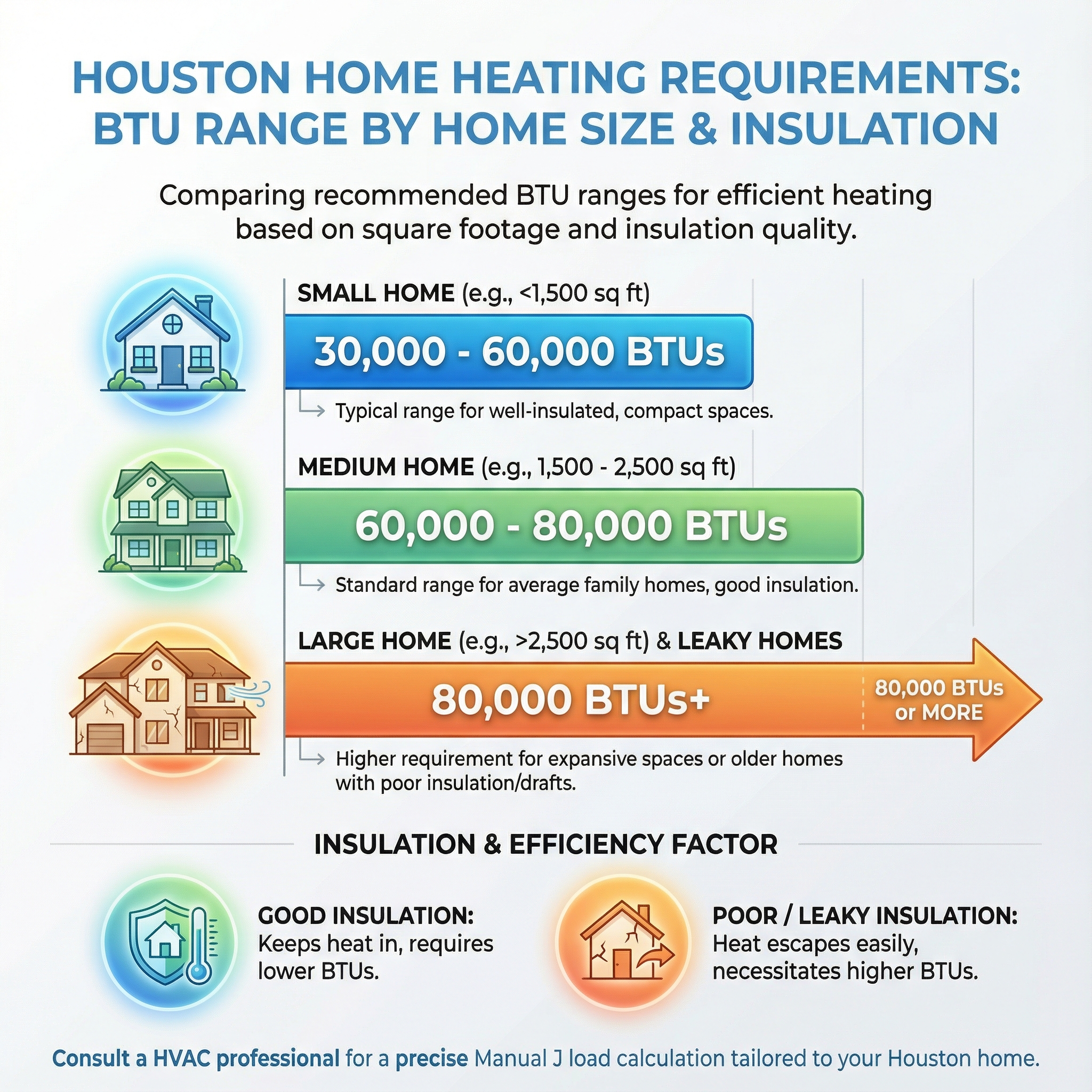 An infographic comparing the heating requirements for different types of homes in Houston, highlighting the range of BTUs nee