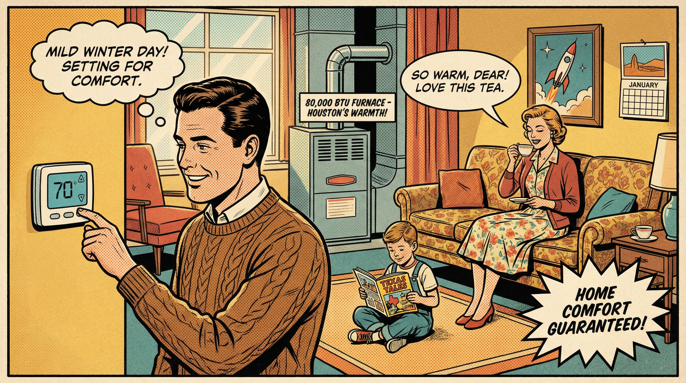 A family in a cozy Houston living room, comfortably enjoying their home during a mild winter day