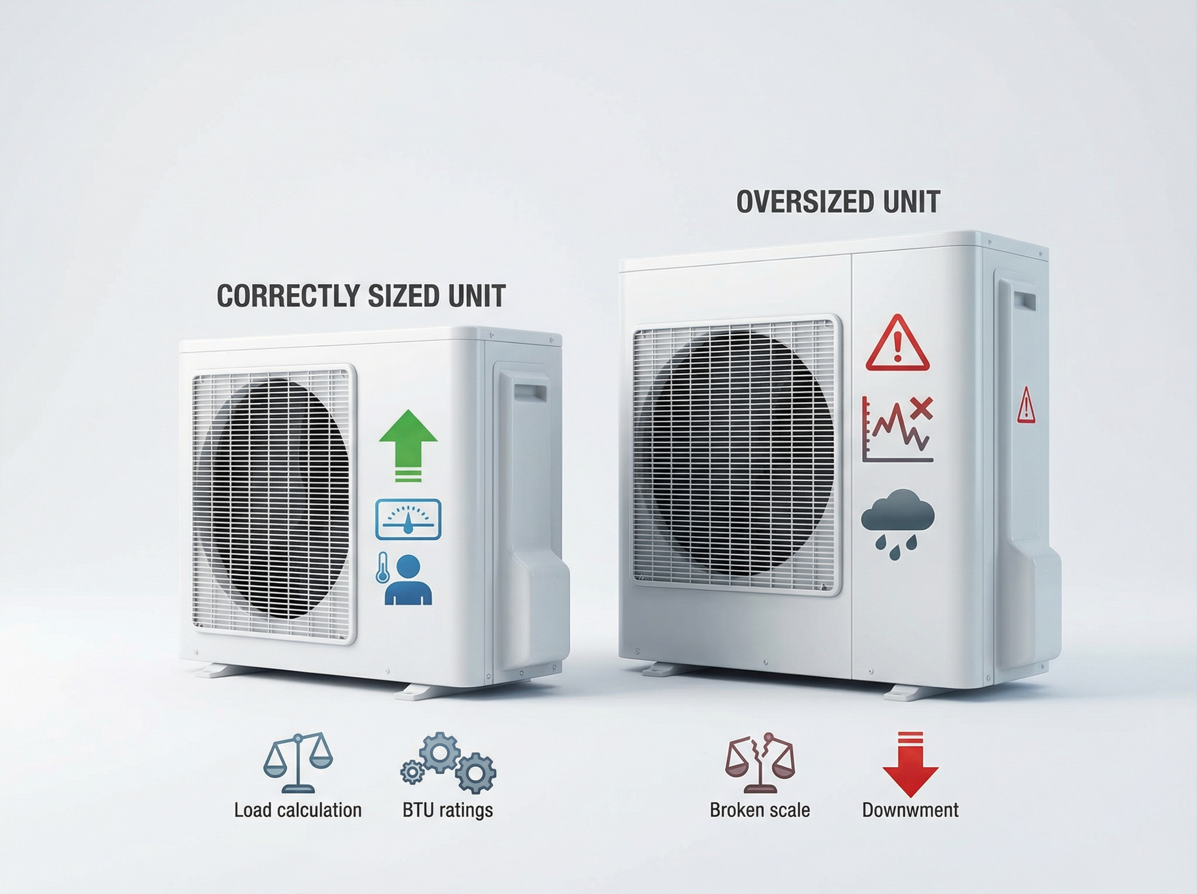 An informative visual depicting a comparison between a properly sized mini-split condenser and an oversized one