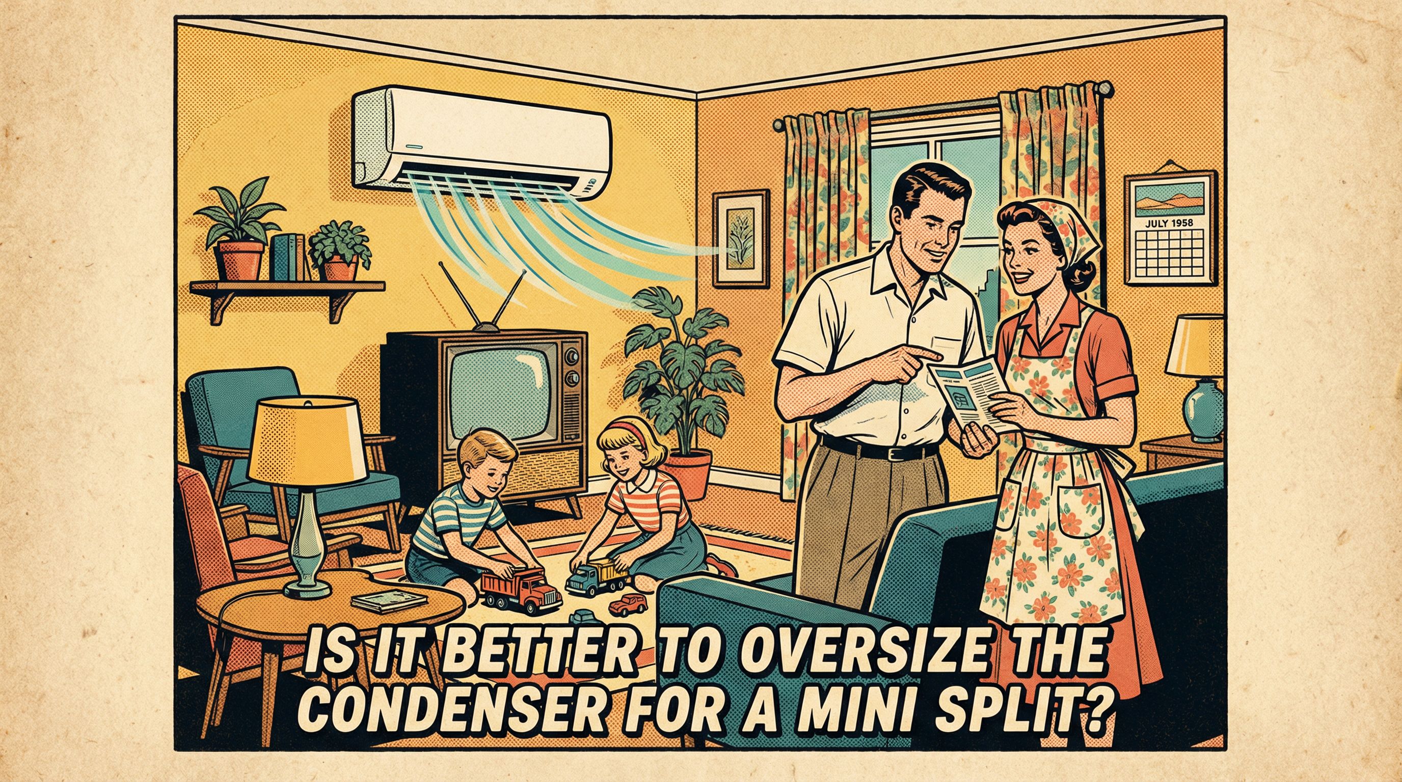 A vintage-style illustration of a family interacting with a mini-split air conditioning unit in their cozy living room