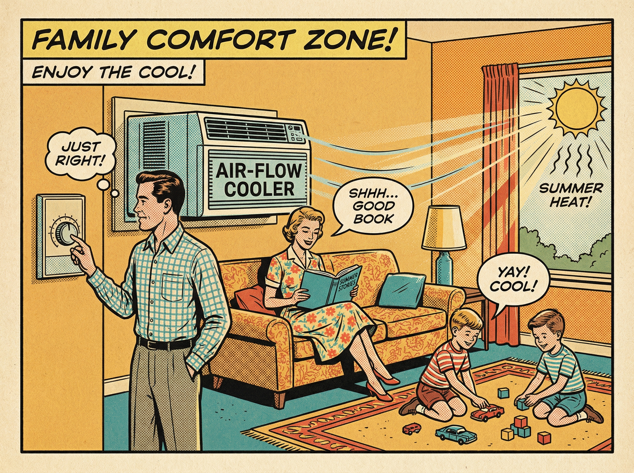 A family gathered in their cozy living room, enjoying the comfort provided by a modern air conditioning unit mounted on the w