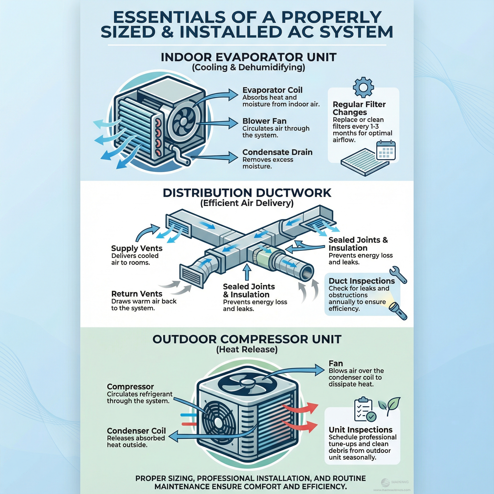An infographic displaying the essential components of a properly sized and installed air conditioning system