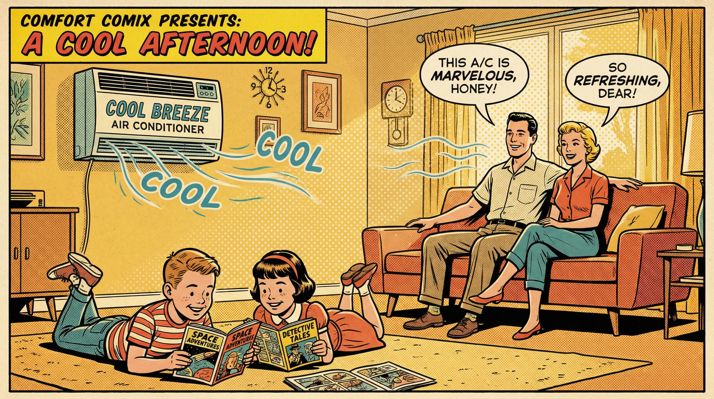 A vintage family scene depicting a mid-century American living room with a classic wall-mounted air conditioning unit running