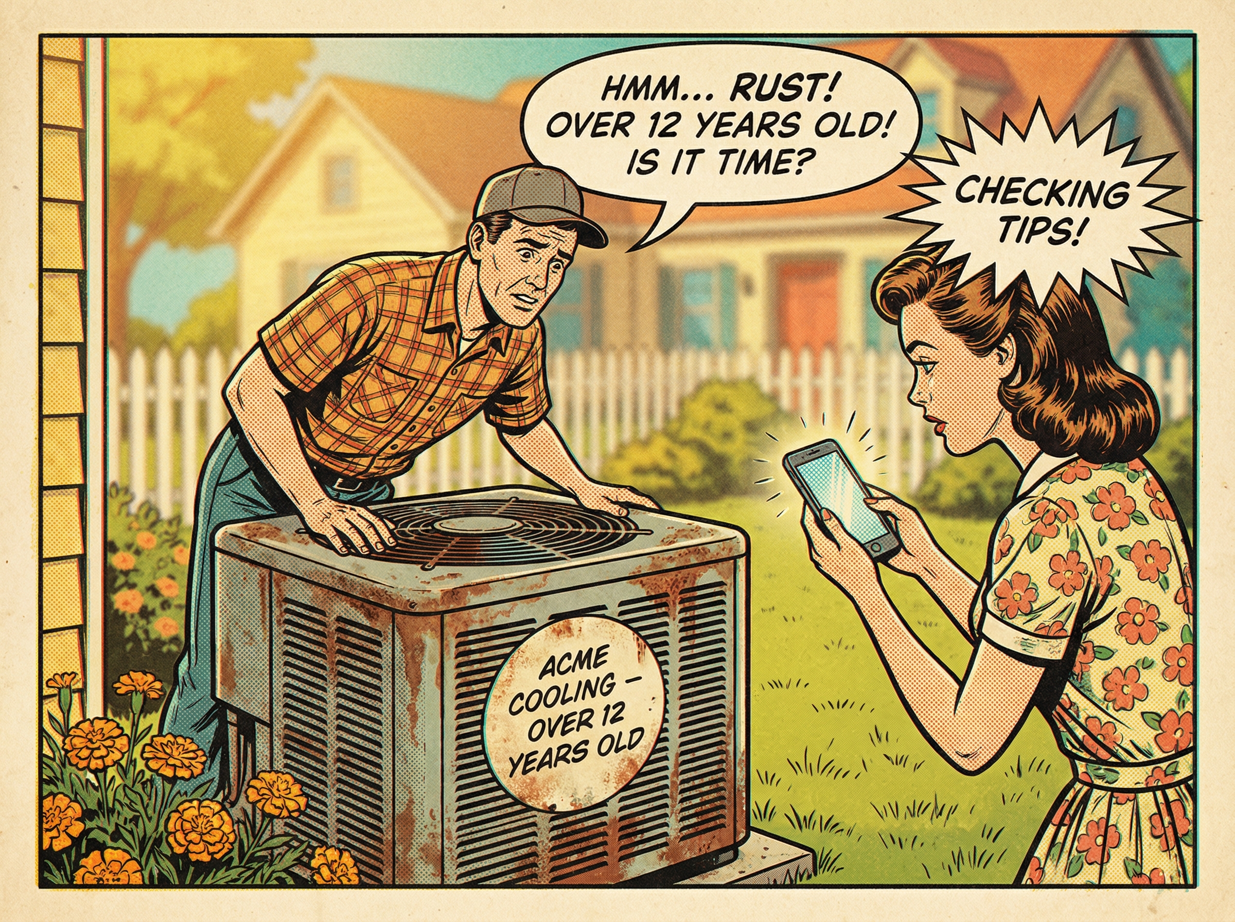 A concerned homeowner examining an old central air conditioning unit in their backyard