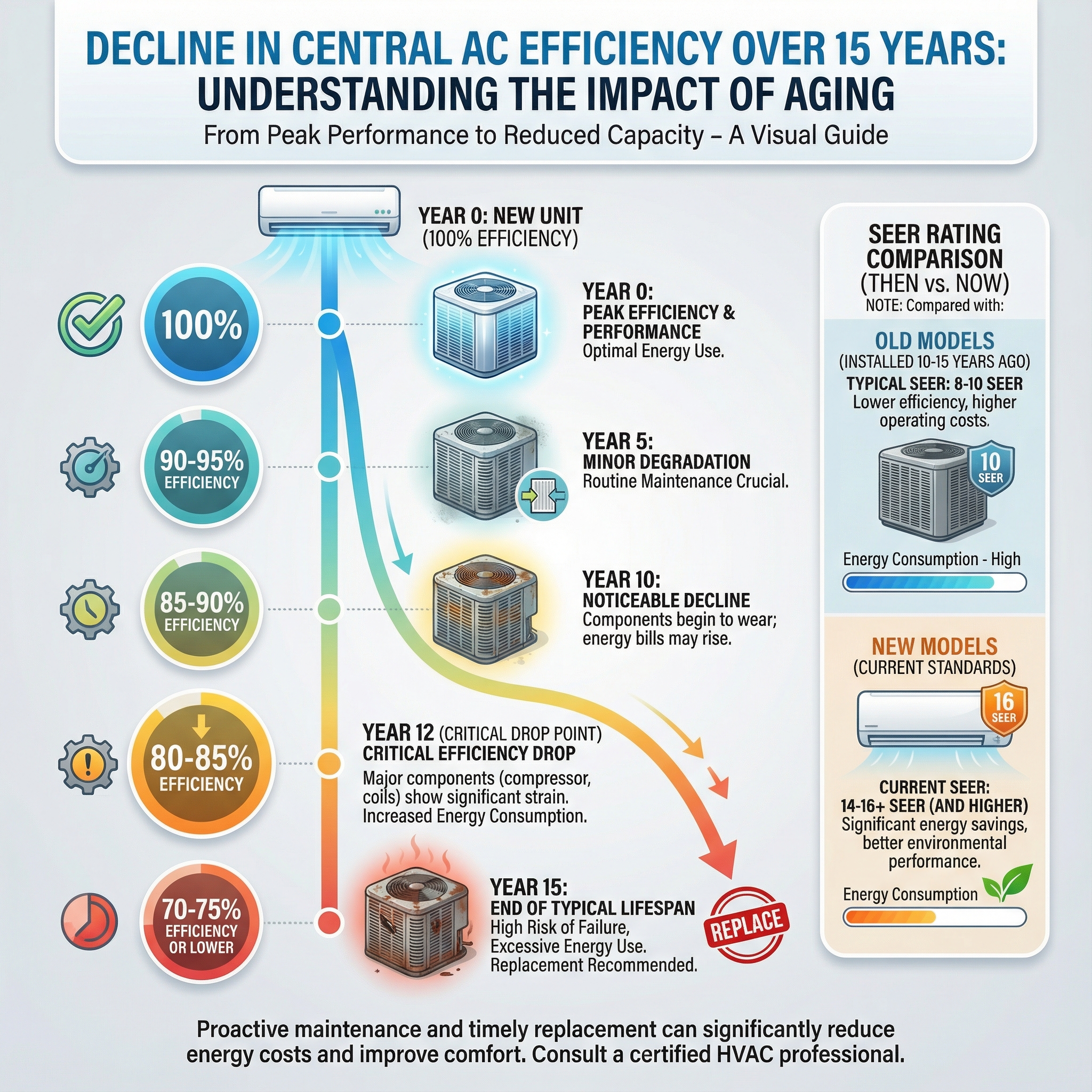 An infographic illustrating the decline in efficiency of a central AC unit over its lifespan