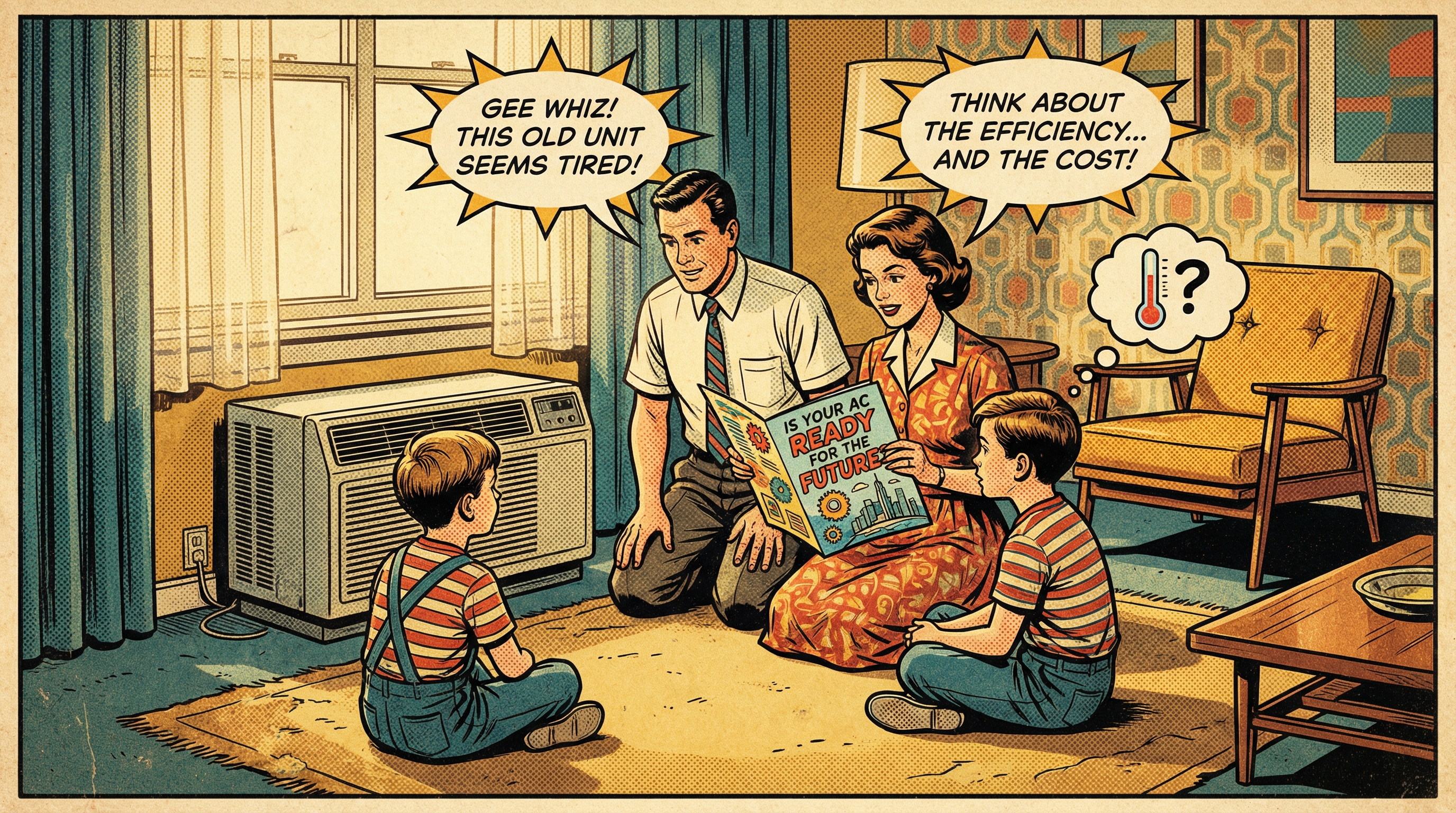 A vintage 1950s family gathered around a well-maintained, older model air conditioning unit in a quaint living room setting, 