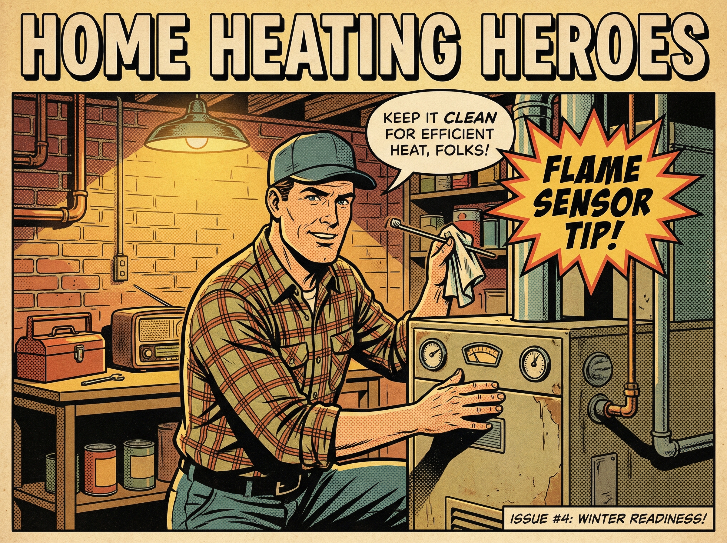 An HVAC technician is inspecting a gas furnace in a cozy, vintage-style basement