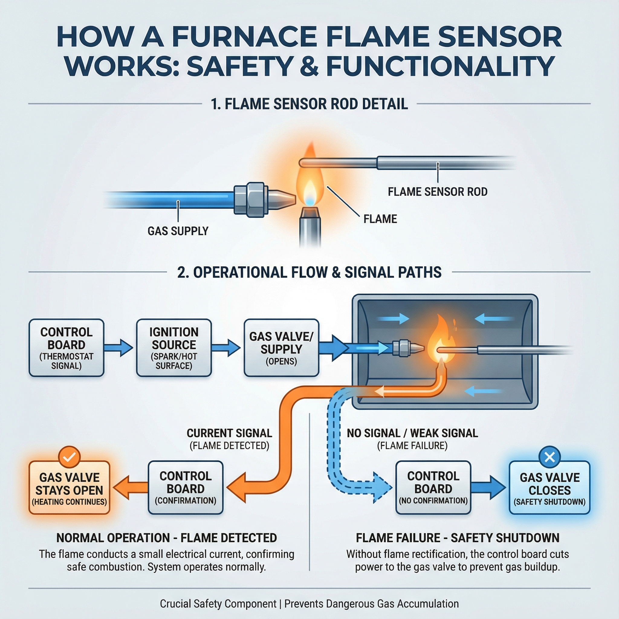 An infographic illustrating the process of how a furnace flame sensor functions