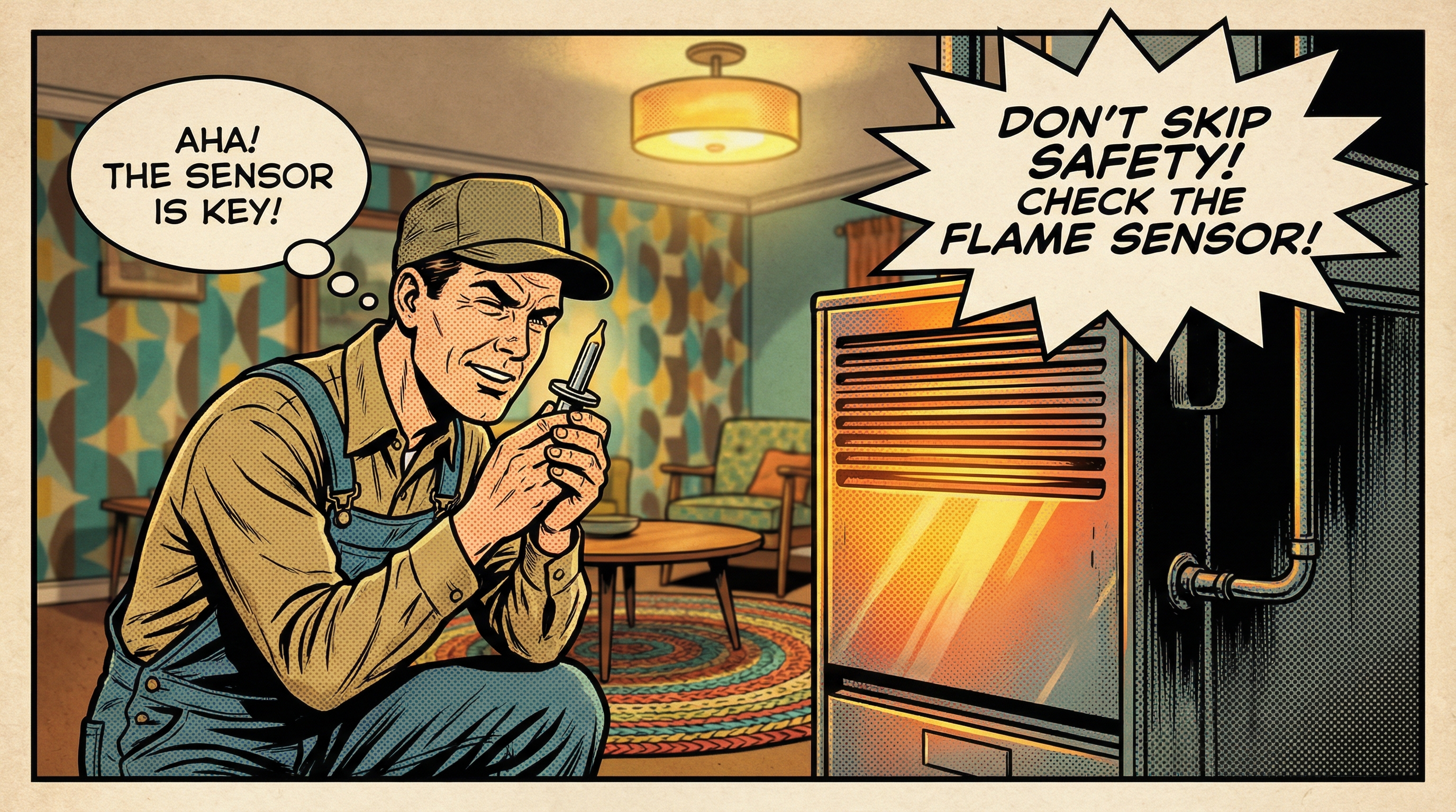 A vintage-style illustration of a technician inspecting a gas furnace in a cozy mid-century home