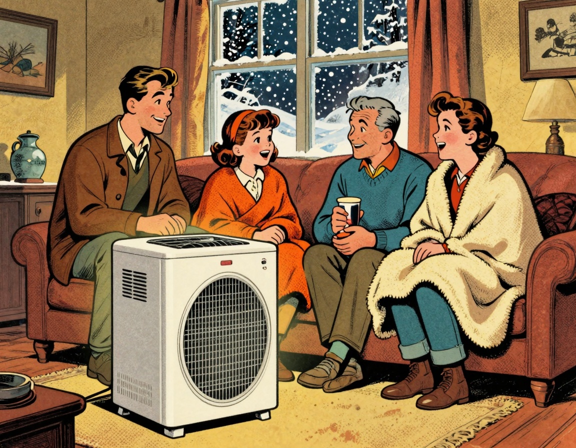 A comforting living room scene in a Maine home during winter featuring home heating and family warmth