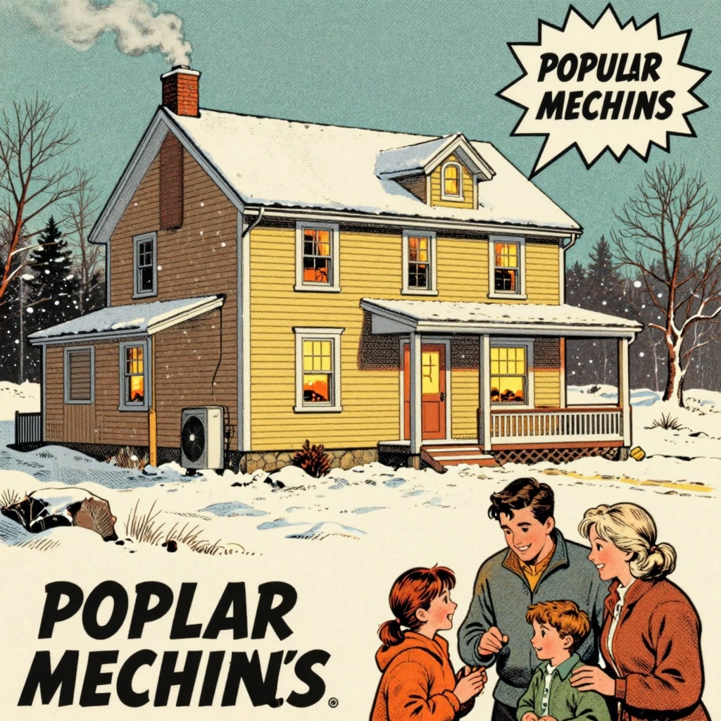 A vintage-style illustration depicting a cozy Maine home with visible weatherization upgrades, such as insulated windows and 