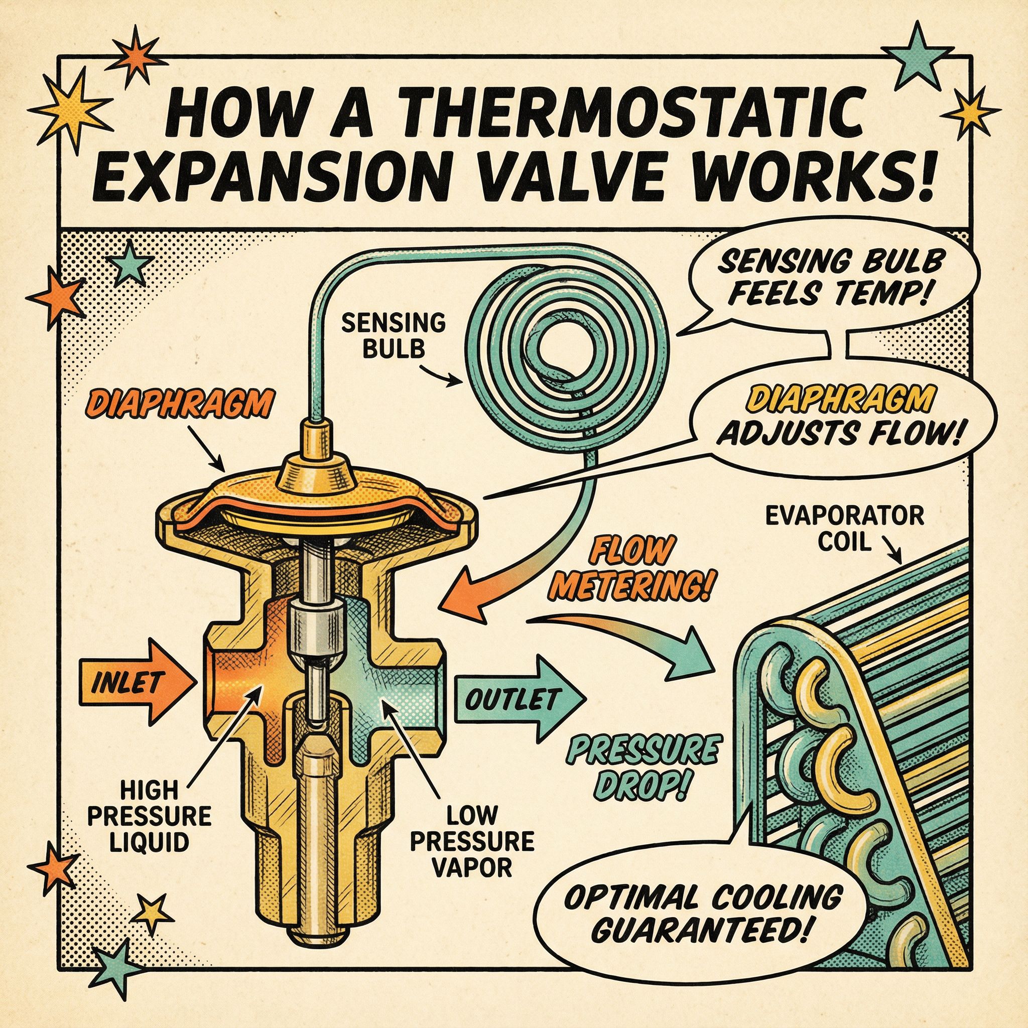 A cross-section view of a thermostatic expansion valve (TXV) installed in an HVAC system