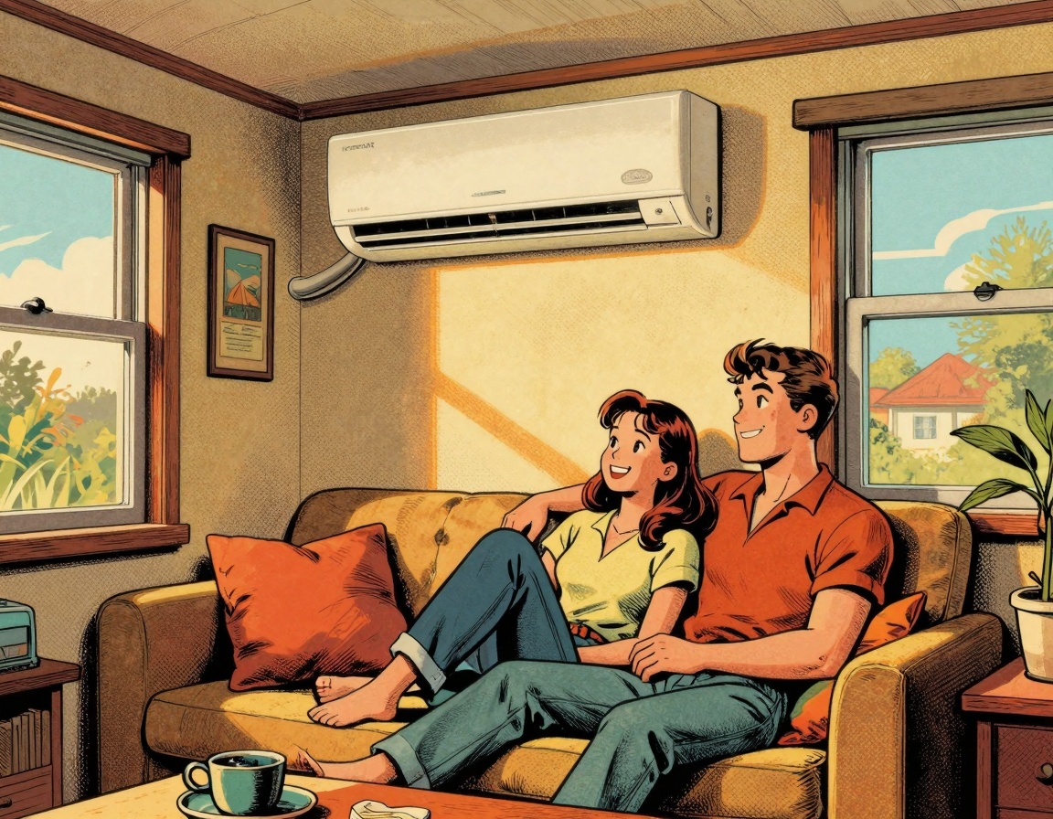 A warm, inviting scene depicting a compact living room in a tiny home, showcasing a slim, wall-mounted air conditioning unit 