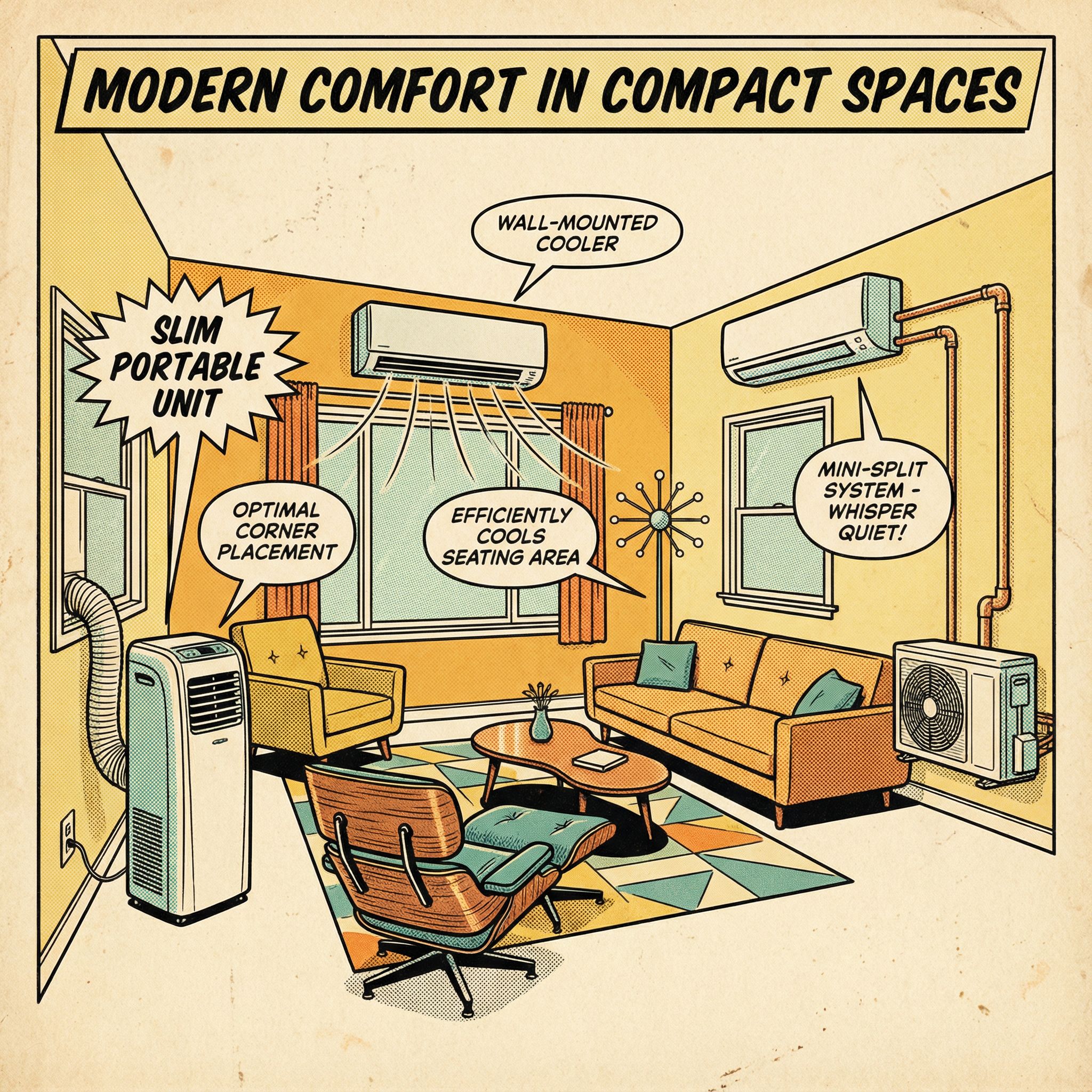 A vintage technical illustration of different types of thin air conditioning units arranged in a cozy, retro-styled living ro