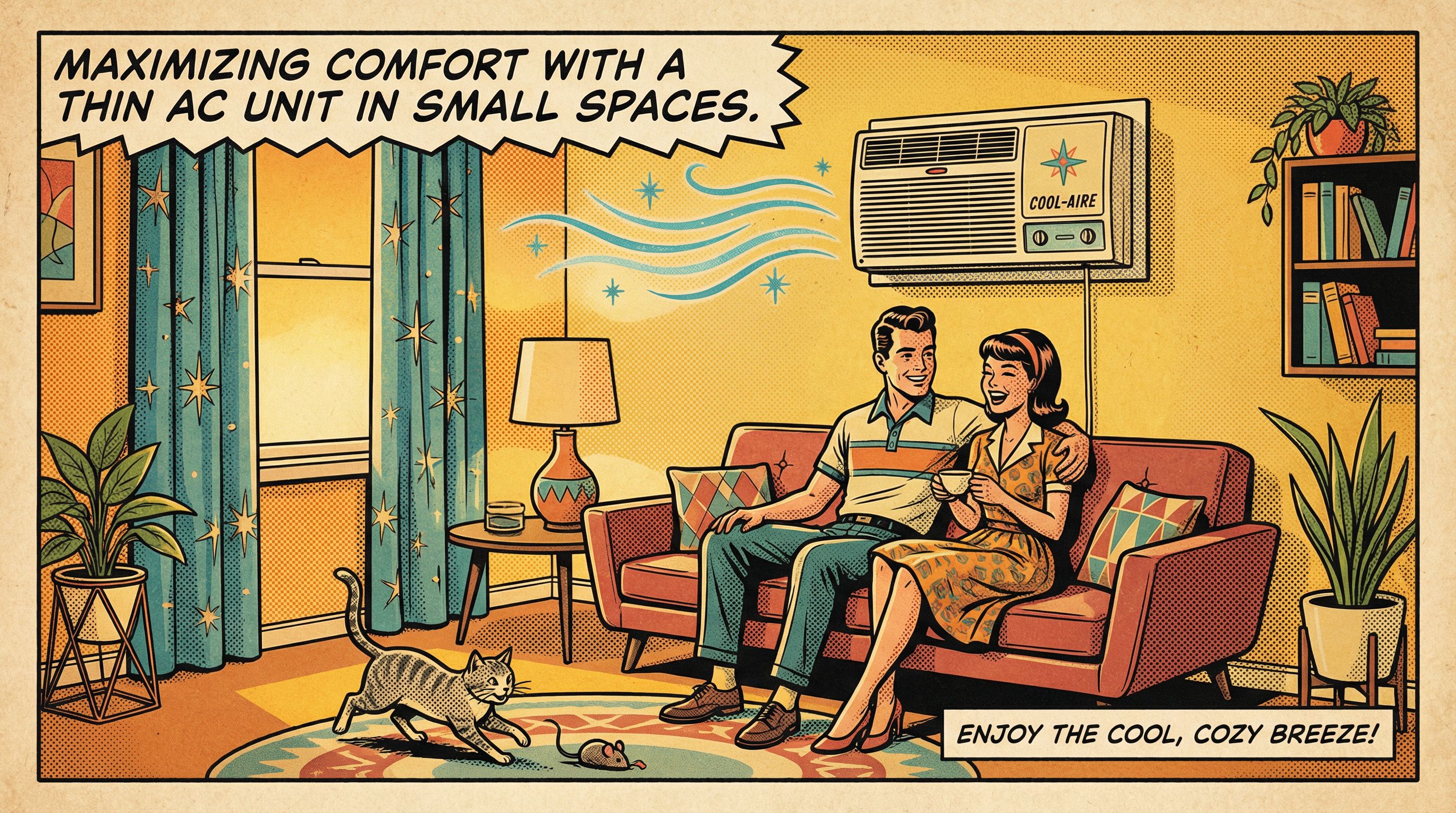 A cozy small living space showcasing a vintage thin AC unit mounted on a wall