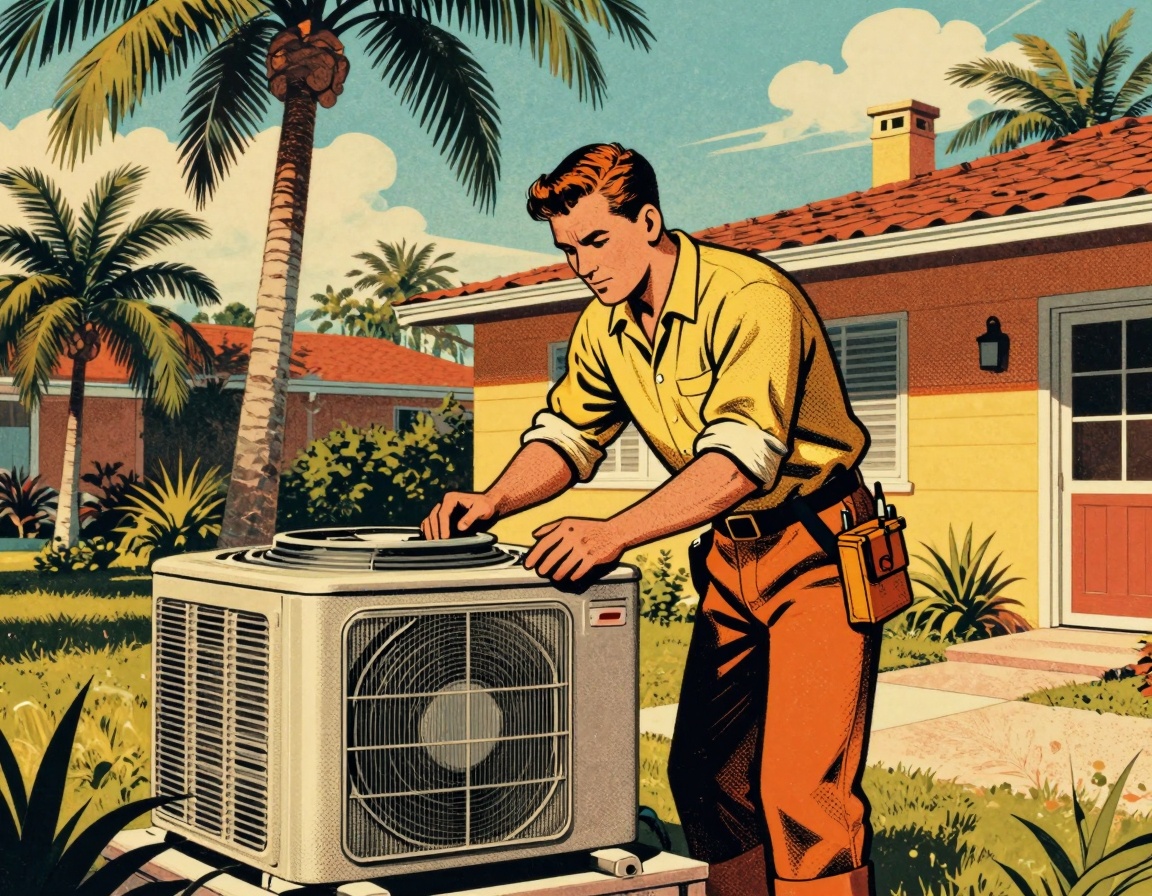 A vintage-style illustration depicting a licensed technician performing a professional AC tune-up in a Miami home