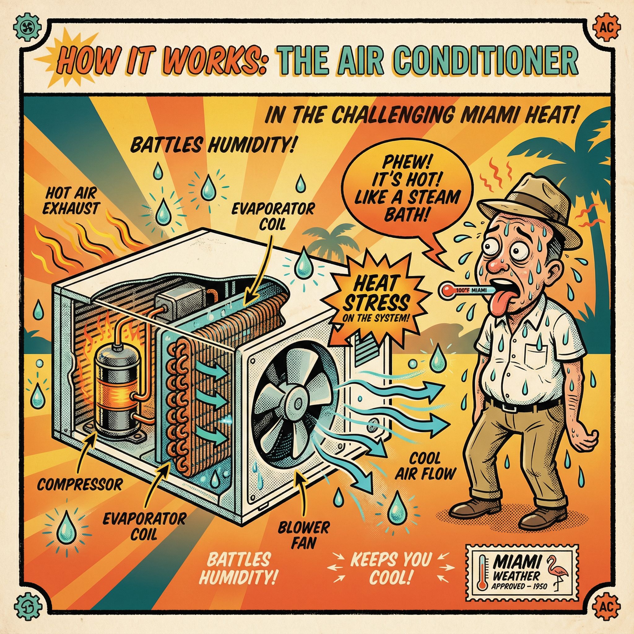 A cross-sectional view of an air conditioning unit, showcasing the internal components such as the compressor, evaporator coi
