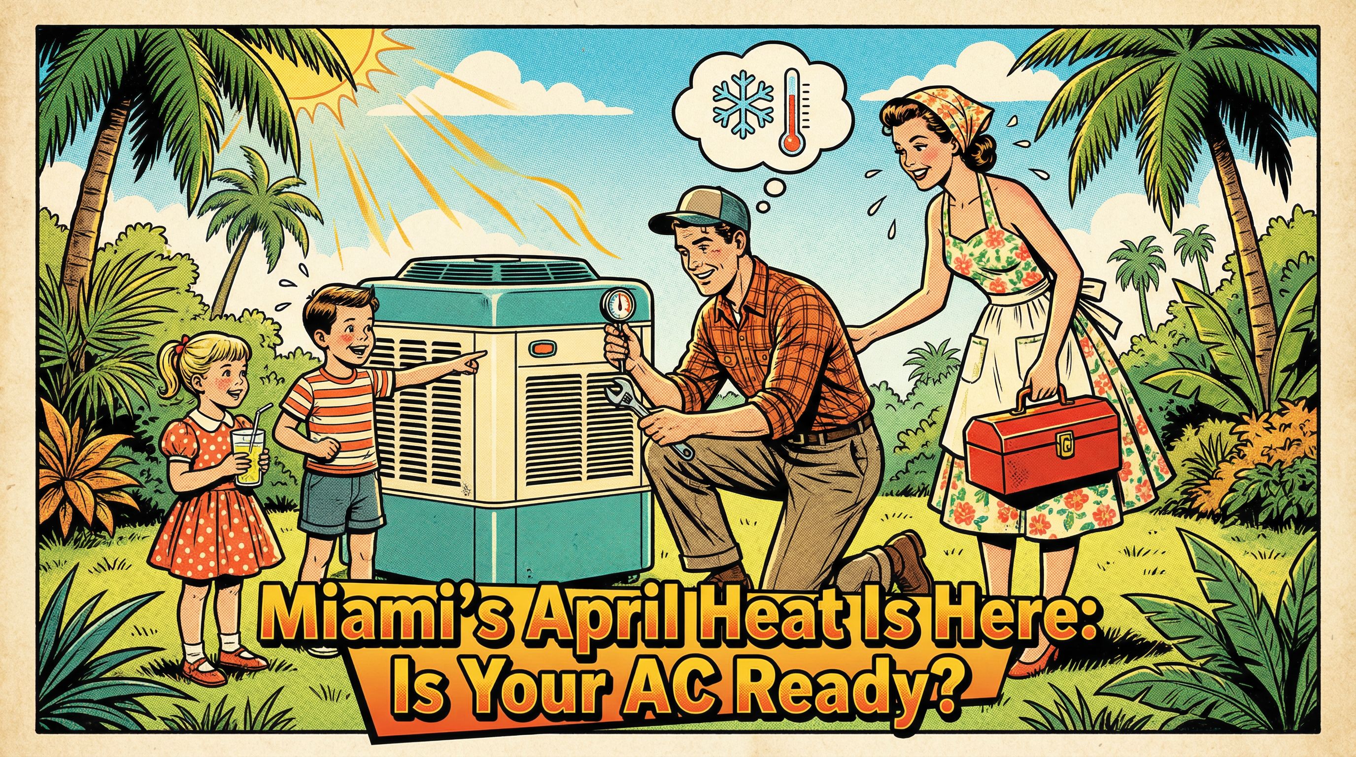 A vibrant 1950s-style illustration of a cheerful family preparing their air conditioning unit for the upcoming Miami heat