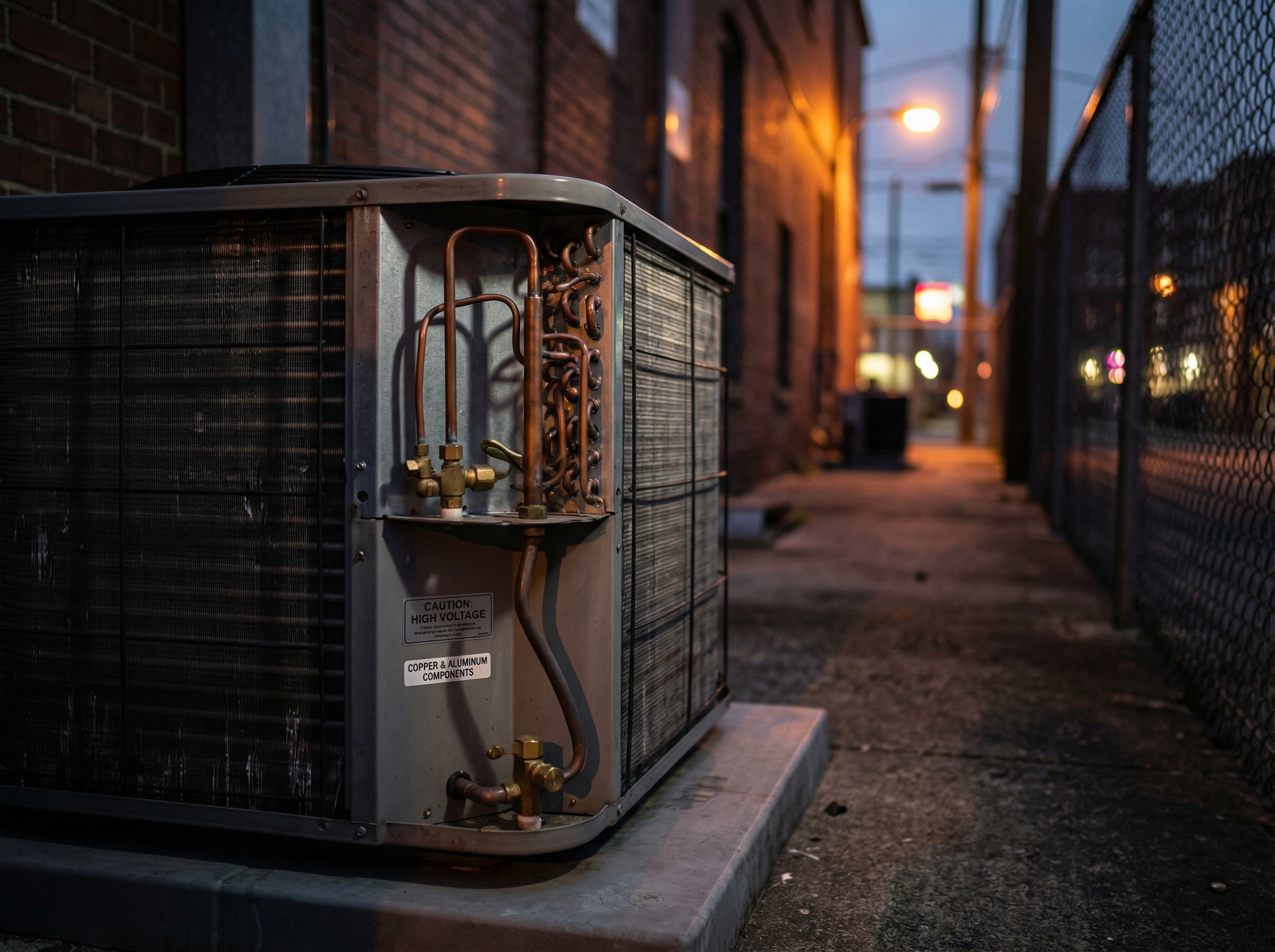 A close-up shot of an outdoor HVAC condenser unit installed in a residential setting, showcasing physical security measures l