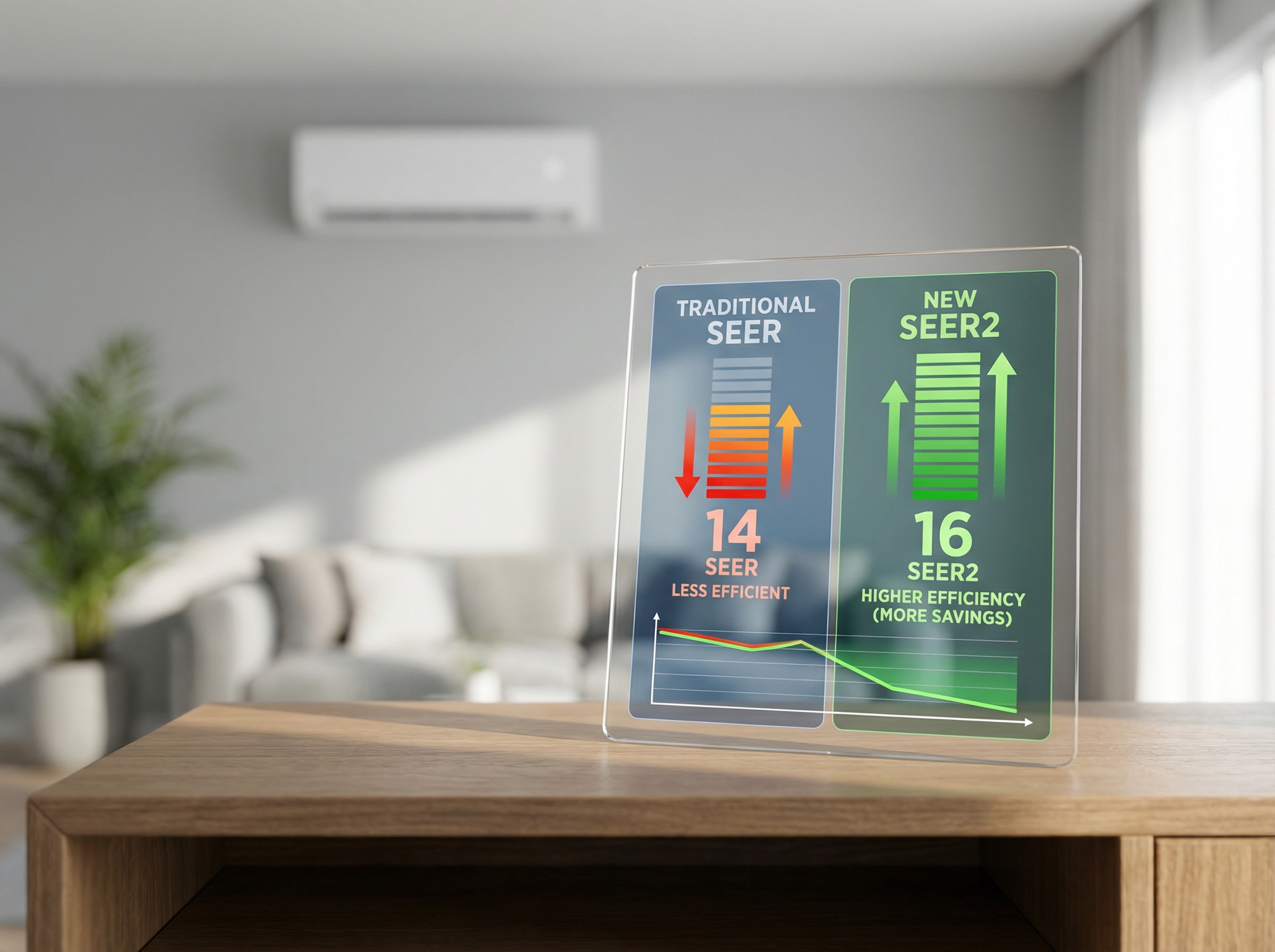 A visually engaging image that illustrates the SEER2 efficiency rating system for air conditioners, featuring a comparison of