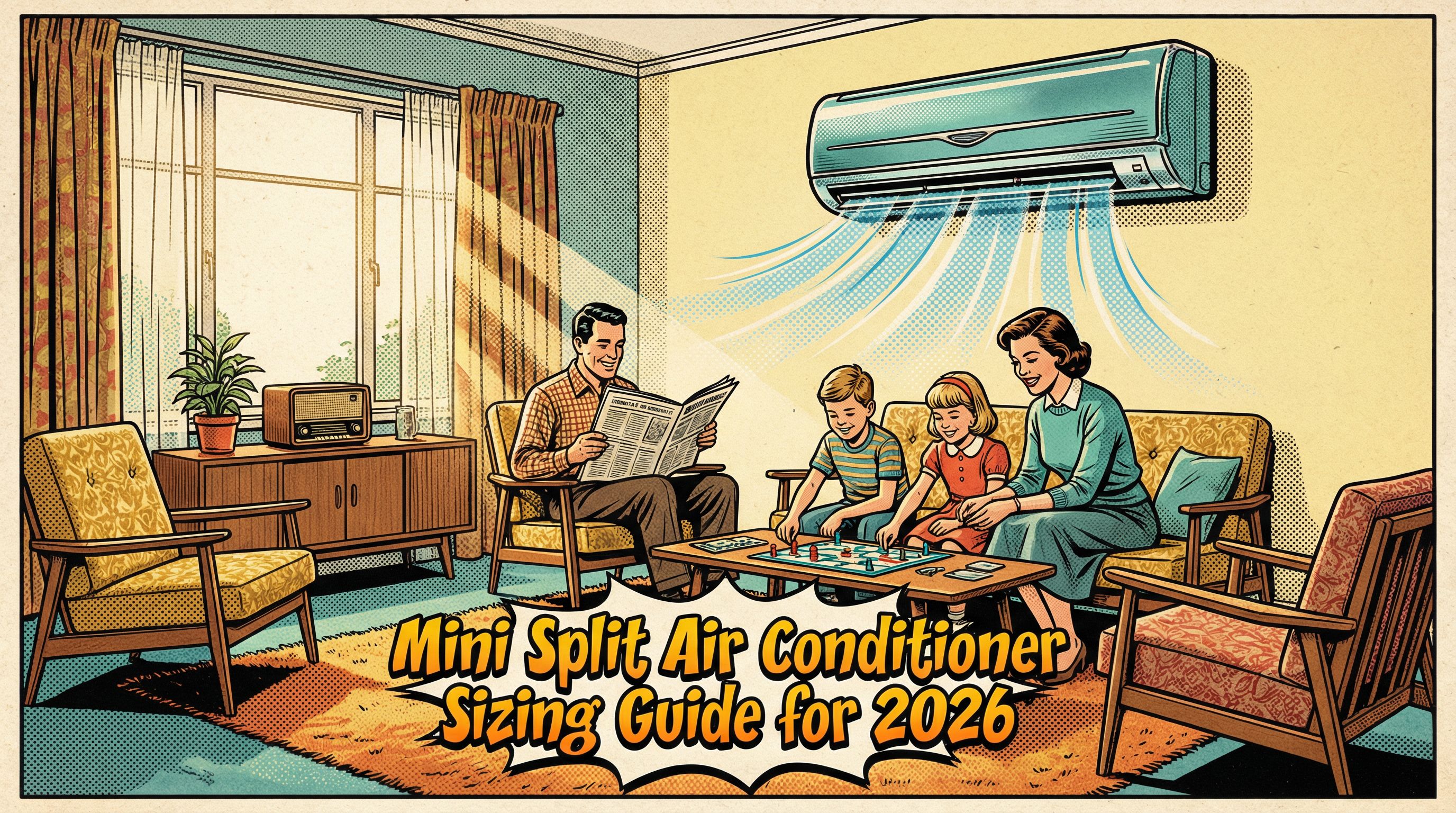 A cheerful family in a cozy, vintage-styled living room enjoying the comfort of a mini-split air conditioner on a warm day