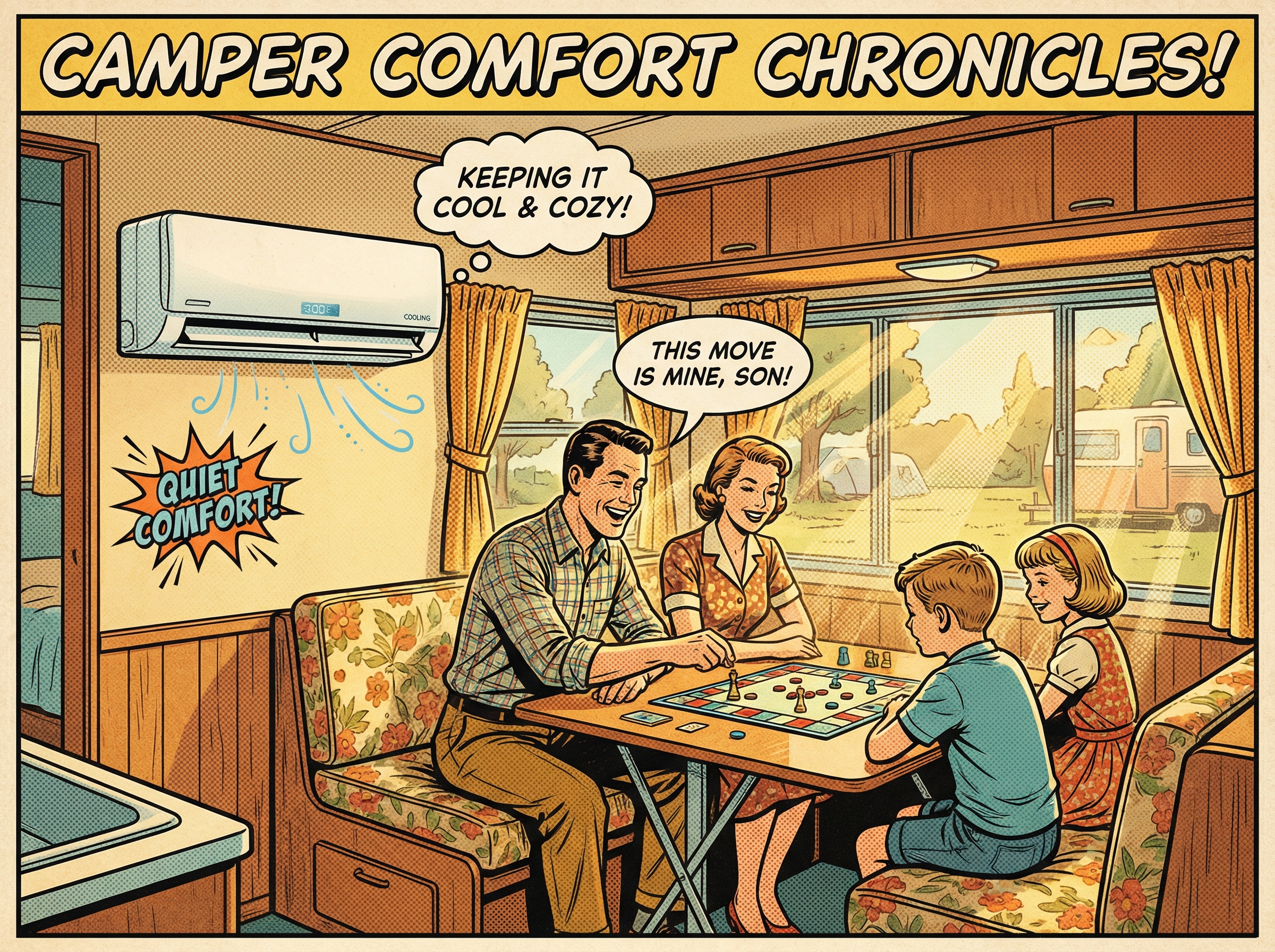 A cozy interior scene of a camper trailer showing a family relaxing inside, with a ductless mini split air conditioner mounte