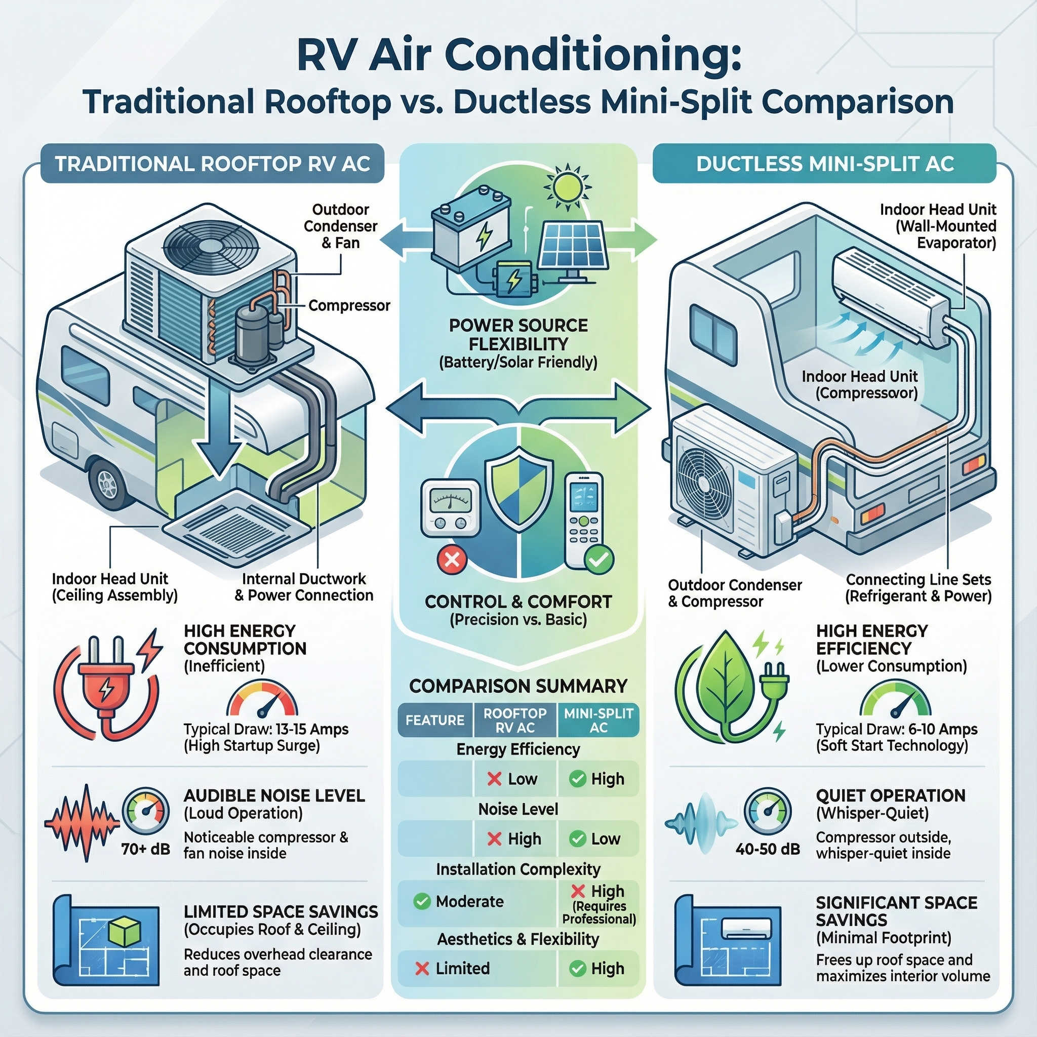 An informative infographic showing the comparison between traditional rooftop RV air conditioners and ductless mini split air