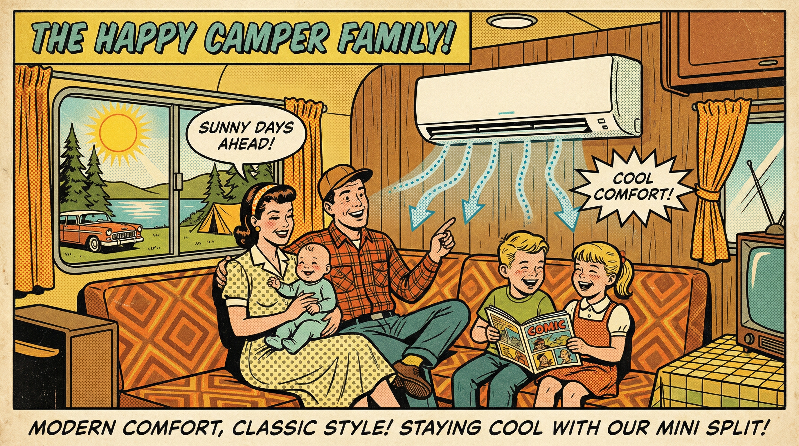 A vintage-style illustration featuring a cheerful family enjoying a relaxing moment inside their camper, which is equipped wi