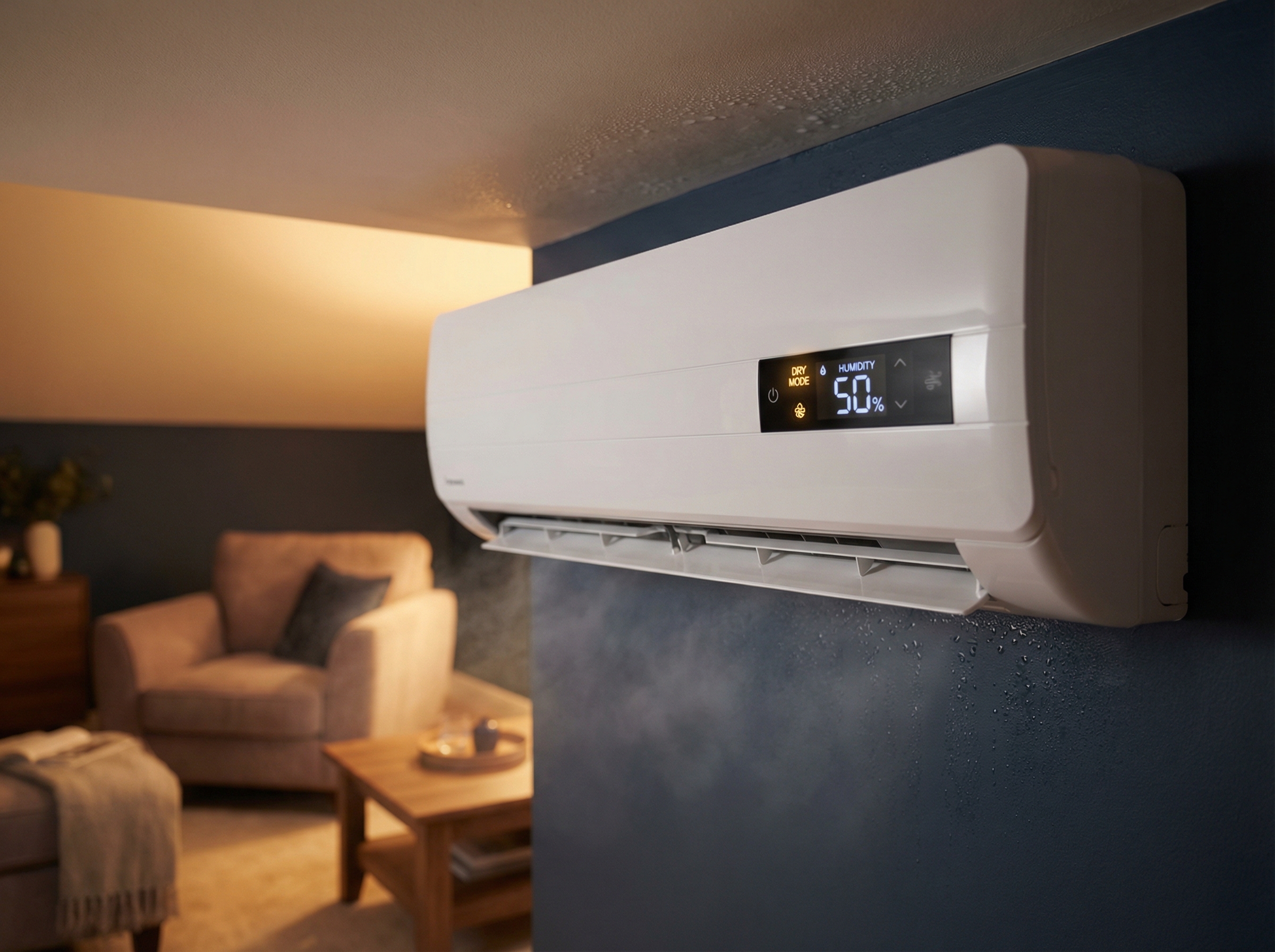 An interior shot of a room equipped with a mini-split air conditioning unit, clearly showing the unit mounted high on the wal