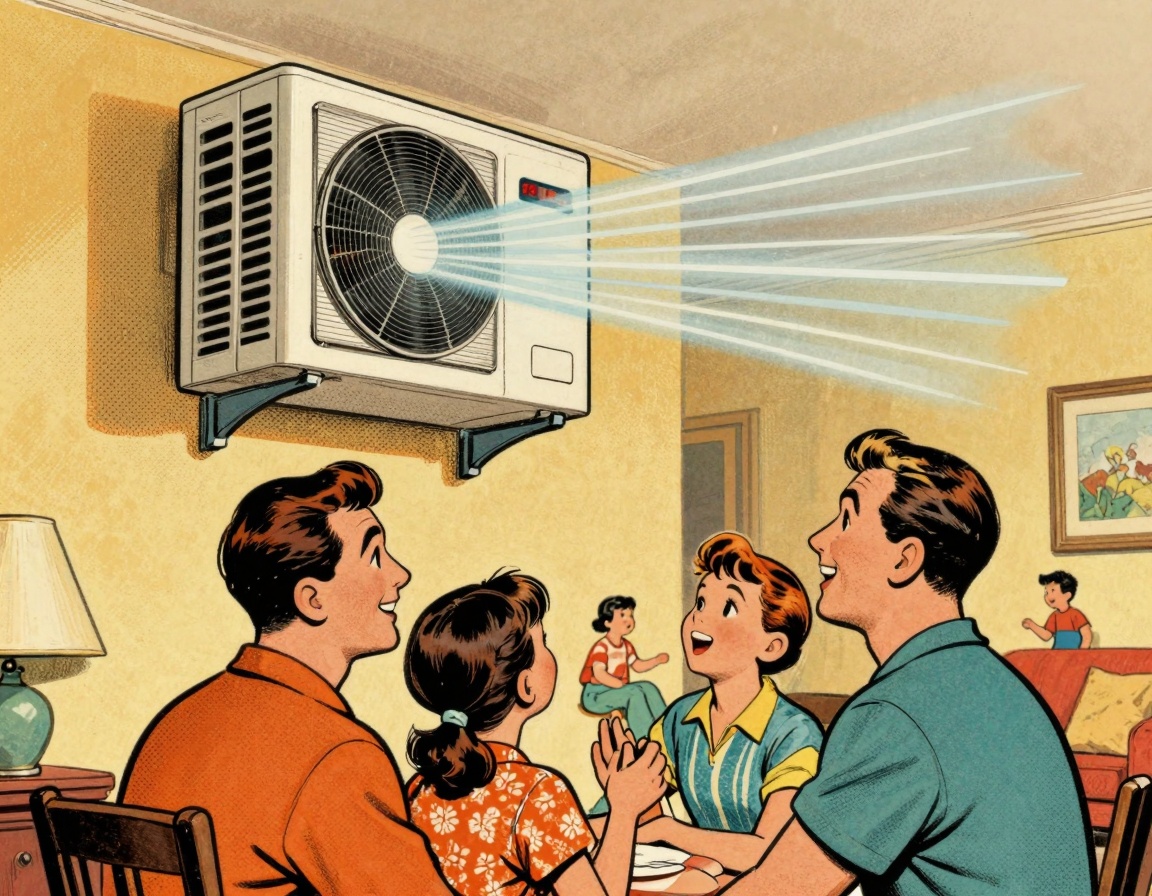A vintage 1950s-style illustration showing a family interacting with a mini split HVAC system in their living room