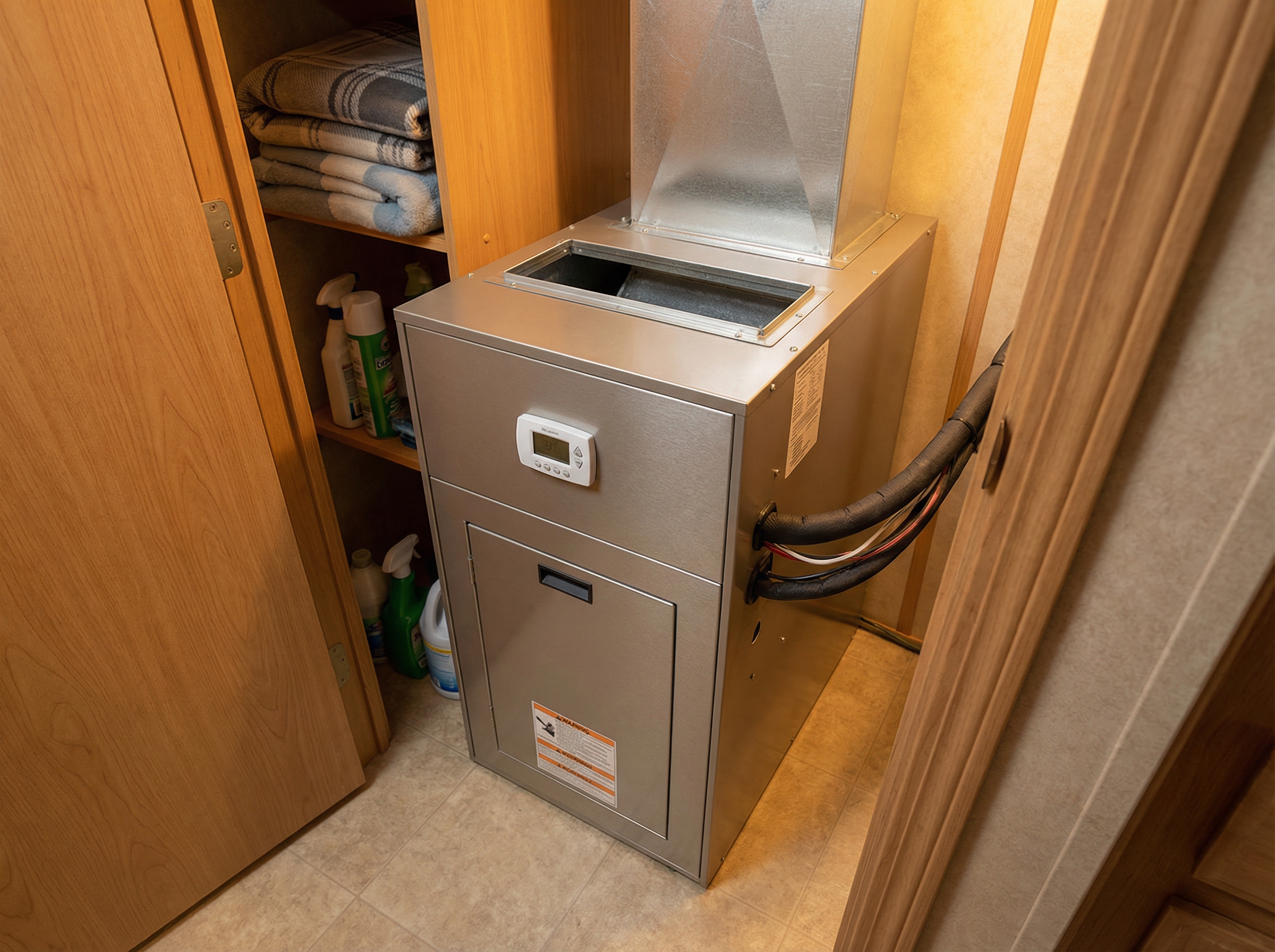 A compact electric furnace installed in a mobile home setting, showcasing its downflow design