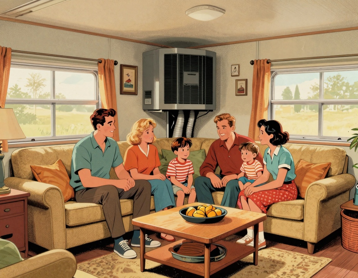 A cozy family living room in a manufactured home, showcasing a compact HVAC system integrated into a corner closet