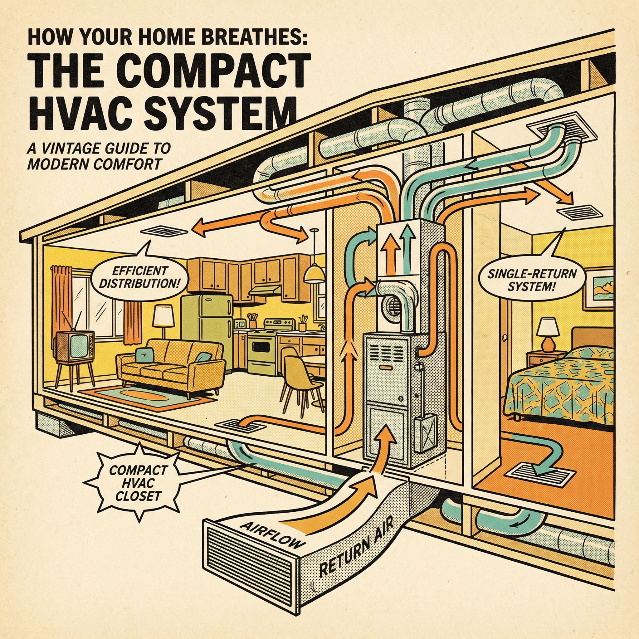 A retro-style cross-section view of a manufactured home showcasing the compact HVAC system